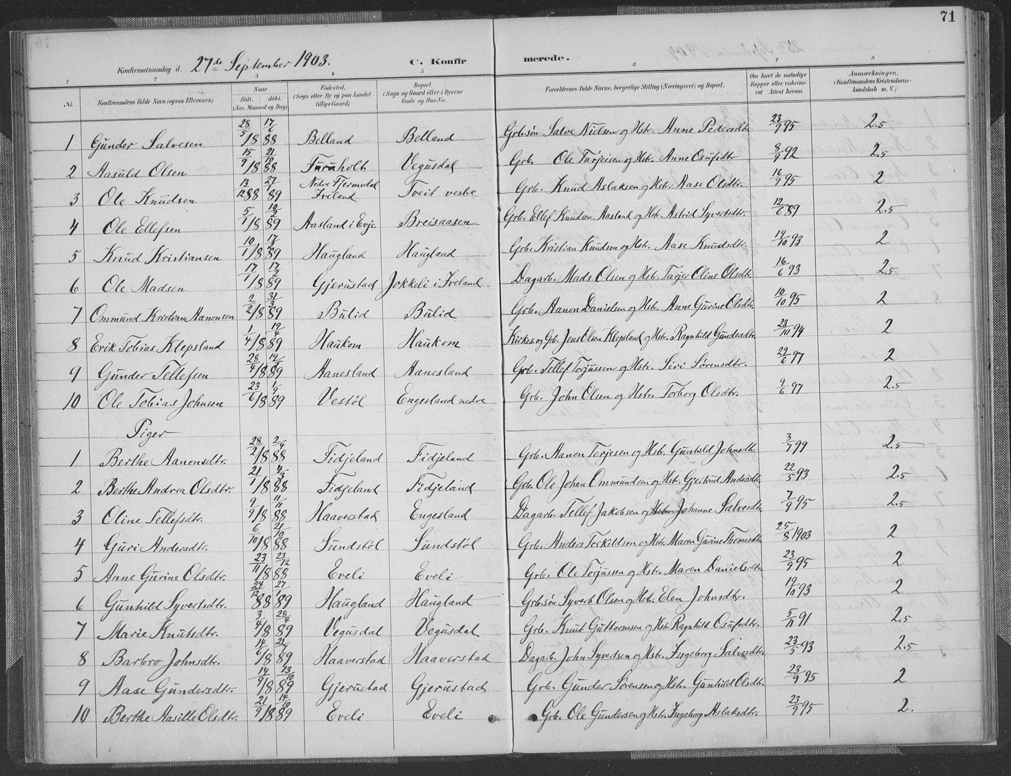 Herefoss sokneprestkontor, AV/SAK-1111-0019/F/Fa/Fab/L0004: Parish register (official) no. A 4, 1887-1909, p. 71