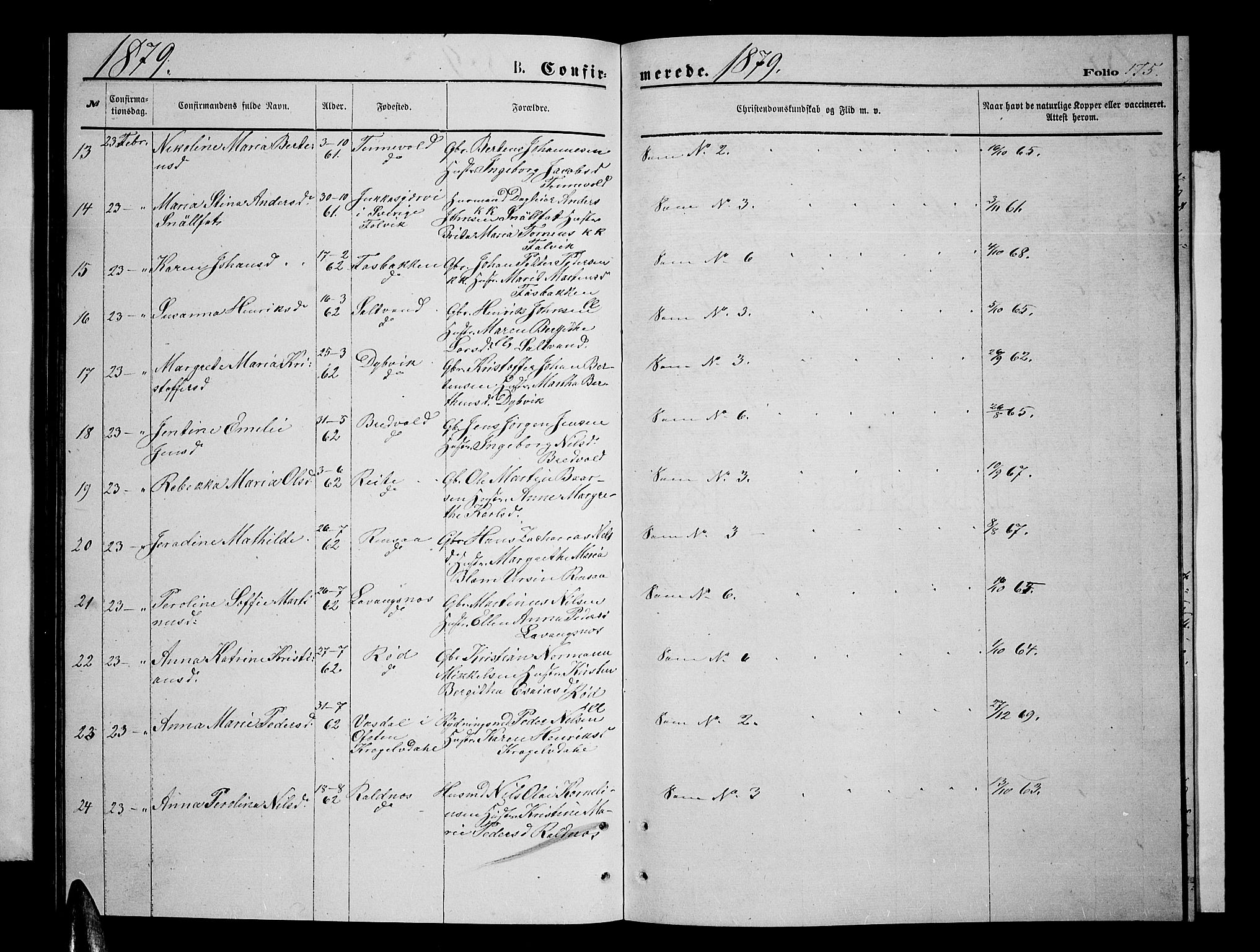 Ibestad sokneprestembete, AV/SATØ-S-0077/H/Ha/Hab/L0006klokker: Parish register (copy) no. 6, 1871-1879, p. 175