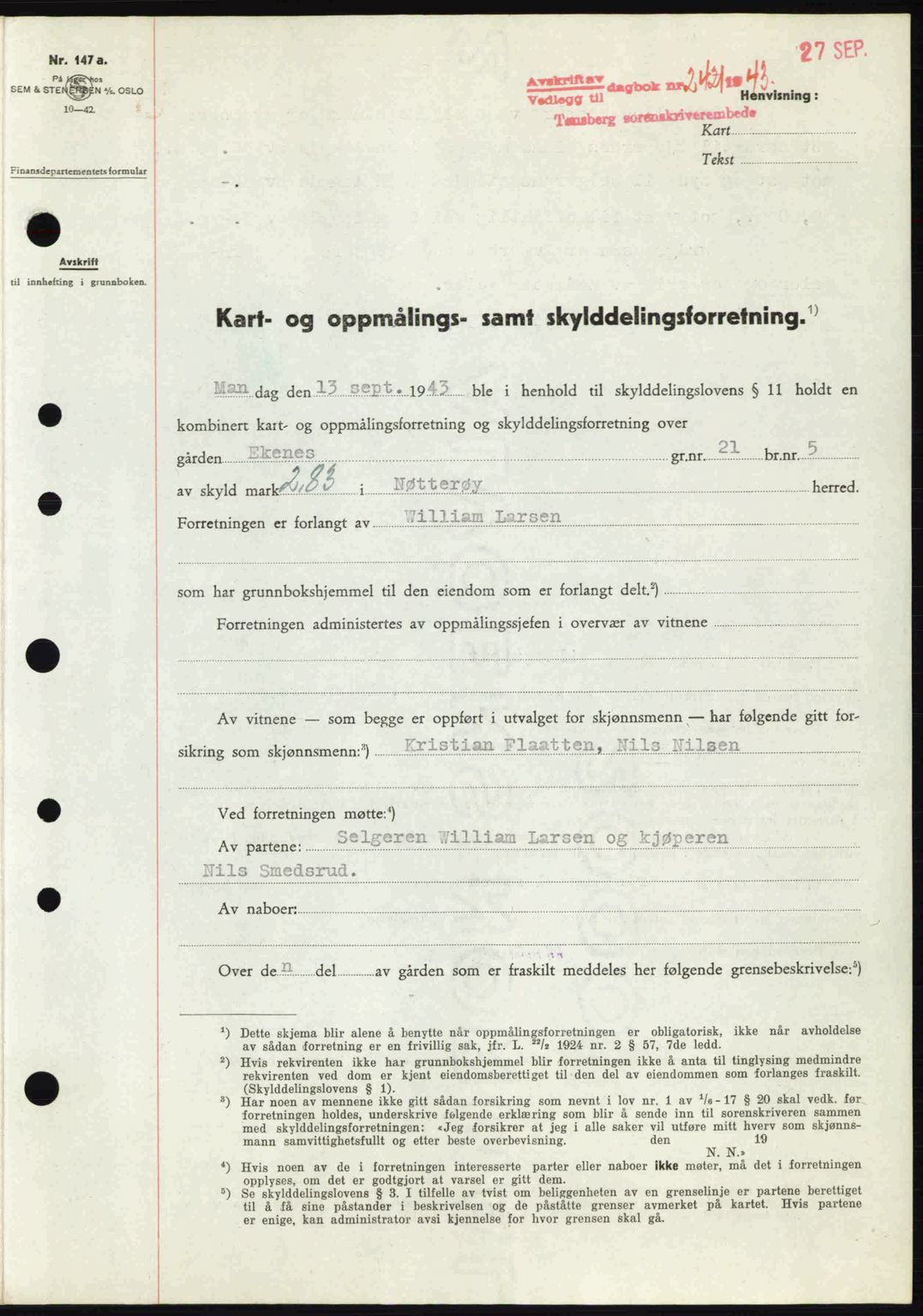 Tønsberg sorenskriveri, AV/SAKO-A-130/G/Ga/Gaa/L0014: Mortgage book no. A14, 1943-1944, Diary no: : 2421/1943