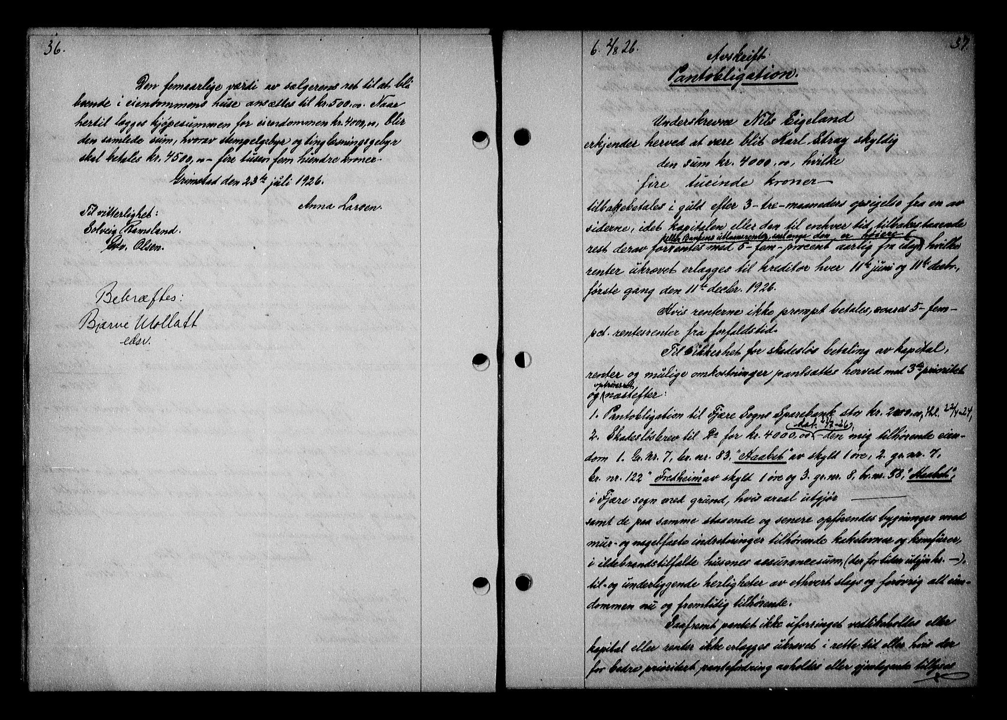 Vestre Nedenes/Sand sorenskriveri, AV/SAK-1221-0010/G/Gb/Gba/L0036: Mortgage book no. 62, 1926-1928, p. 36-37