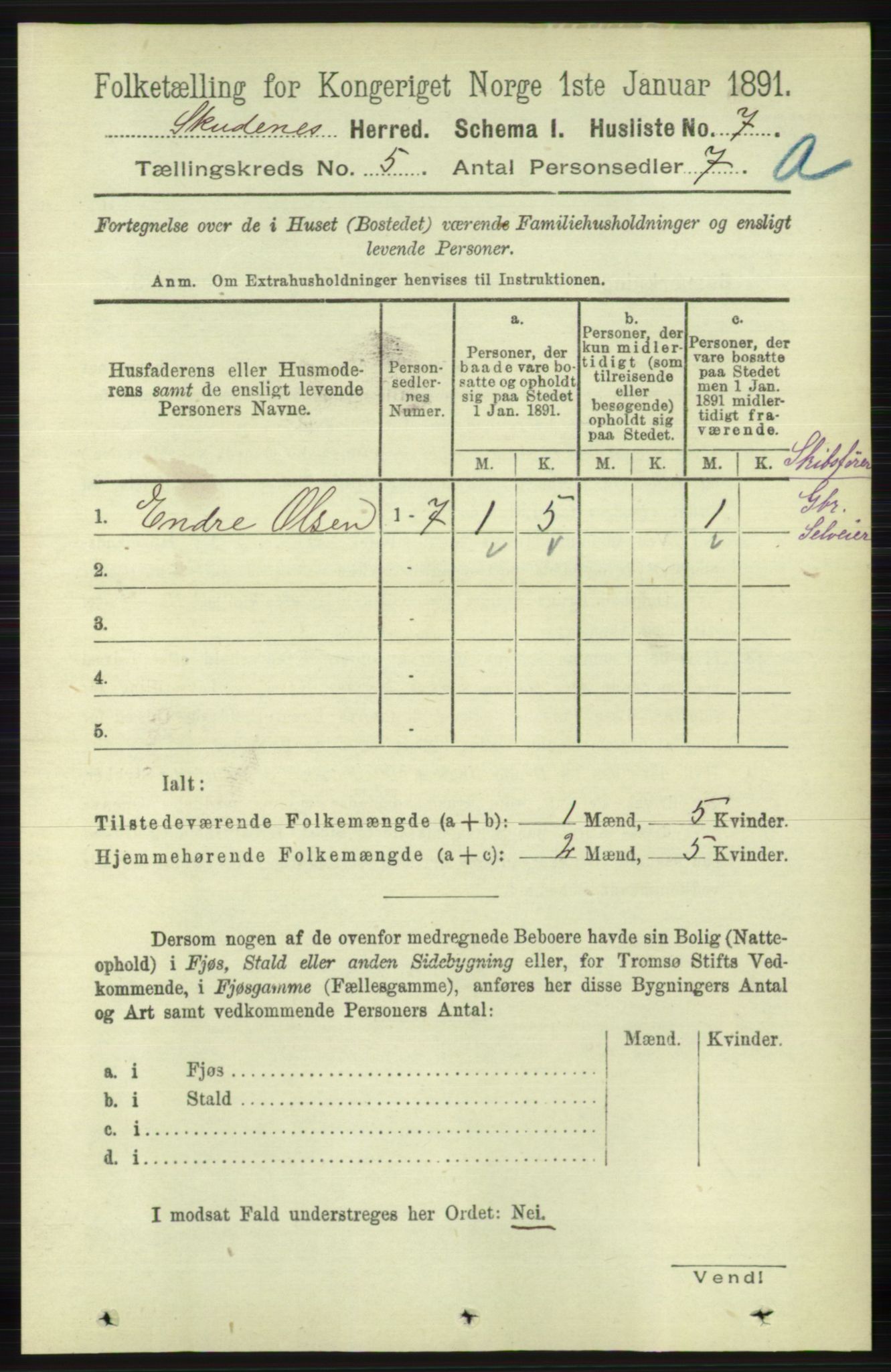 RA, 1891 census for 1150 Skudenes, 1891, p. 2461