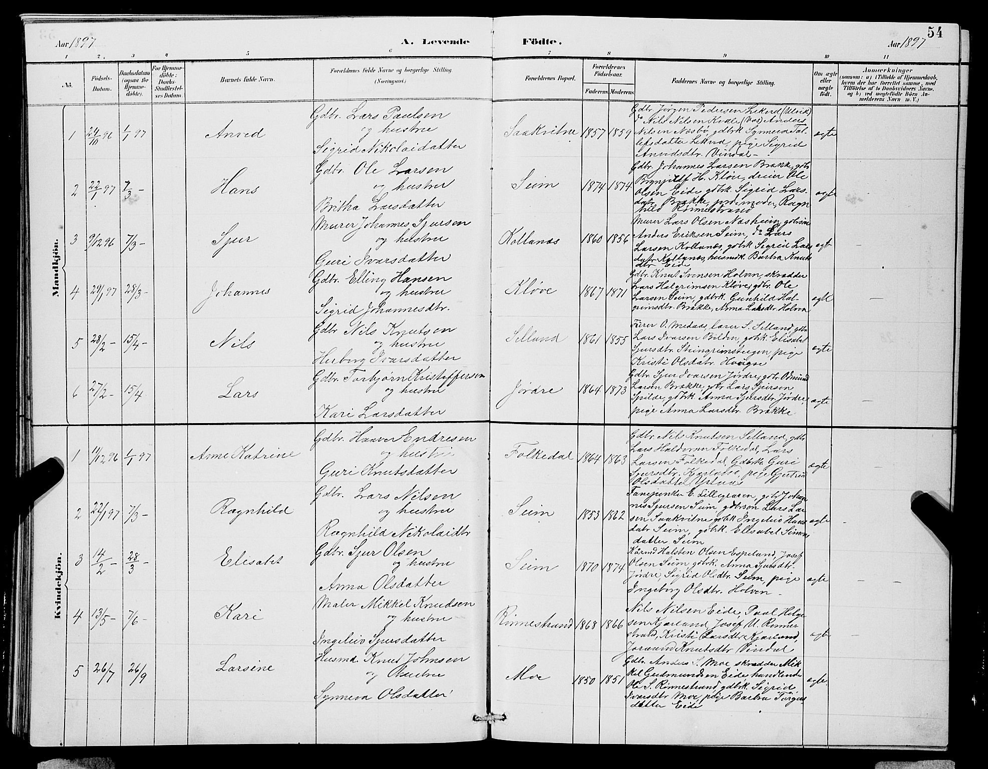 Ulvik sokneprestembete, SAB/A-78801/H/Hab: Parish register (copy) no. B 3, 1884-1901, p. 54