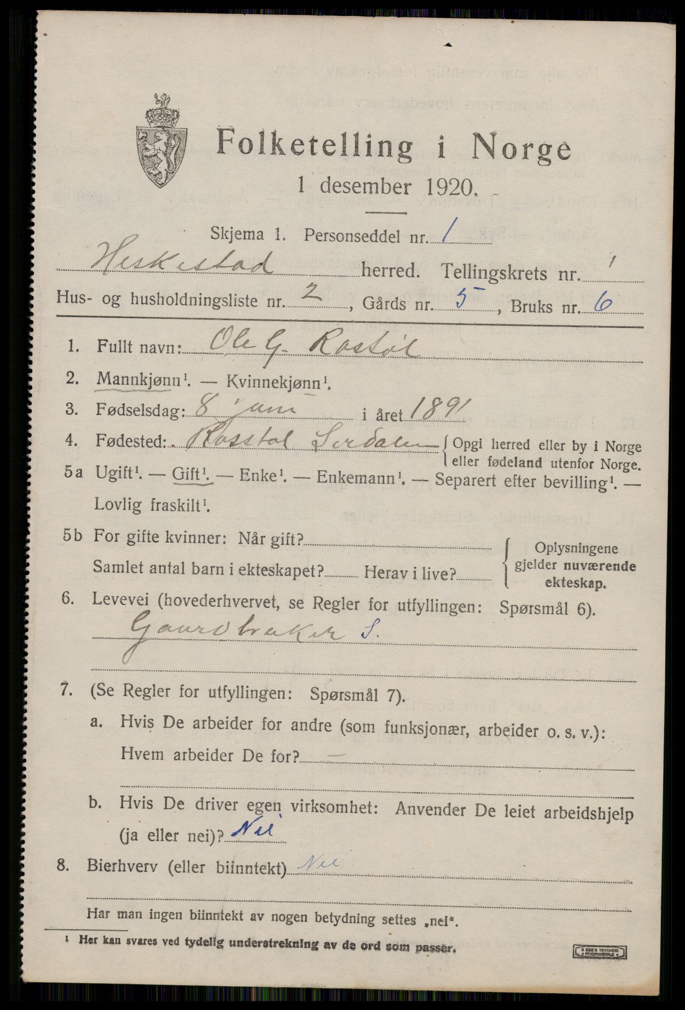 SAST, 1920 census for Heskestad, 1920, p. 379