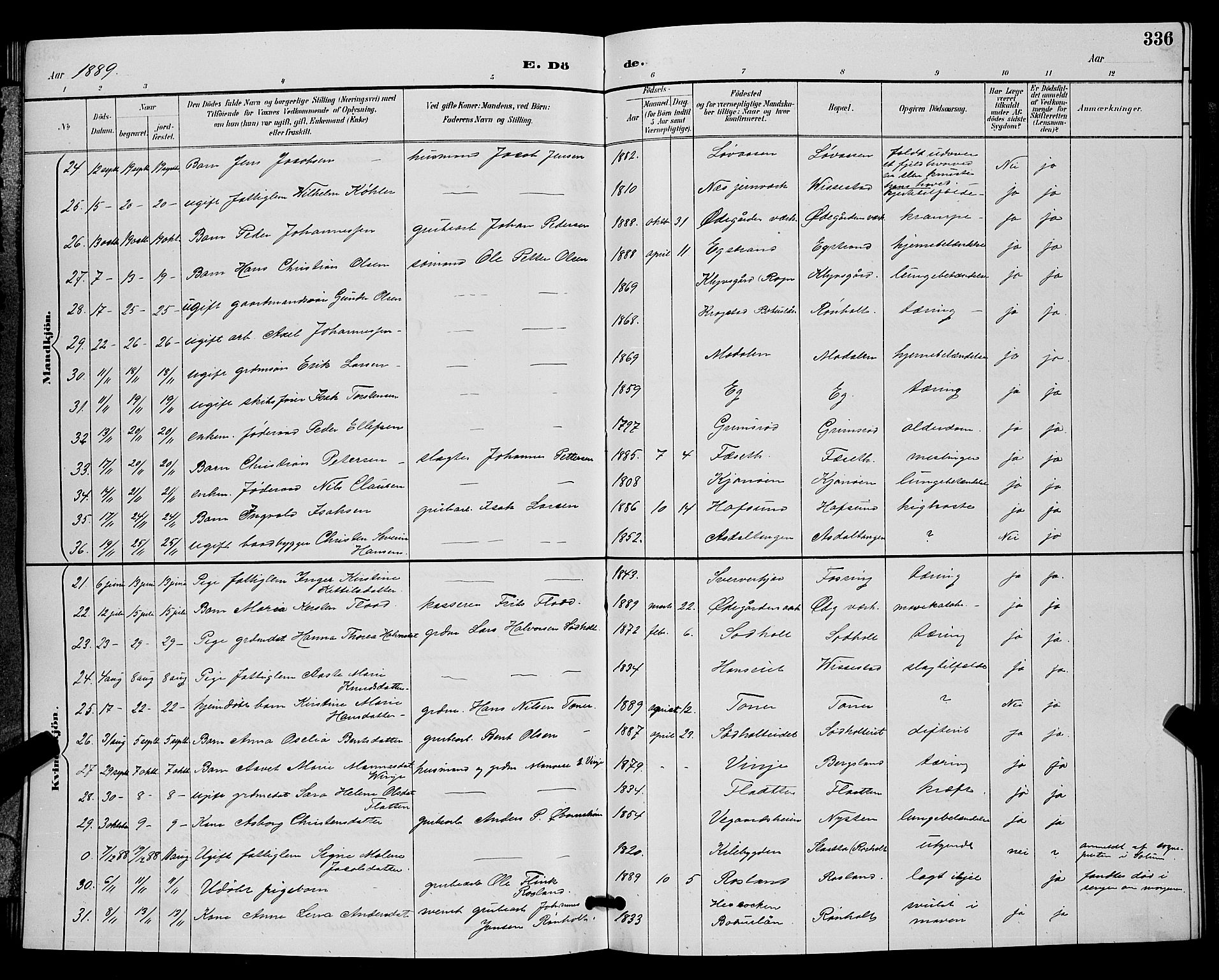 Bamble kirkebøker, AV/SAKO-A-253/G/Ga/L0009: Parish register (copy) no. I 9, 1888-1900, p. 336