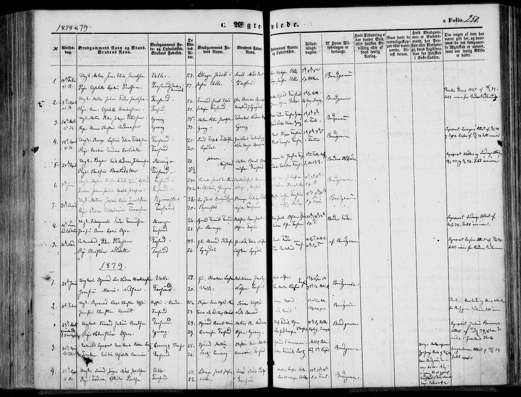 Farsund sokneprestkontor, AV/SAK-1111-0009/F/Fa/L0005: Parish register (official) no. A 5, 1863-1886, p. 250