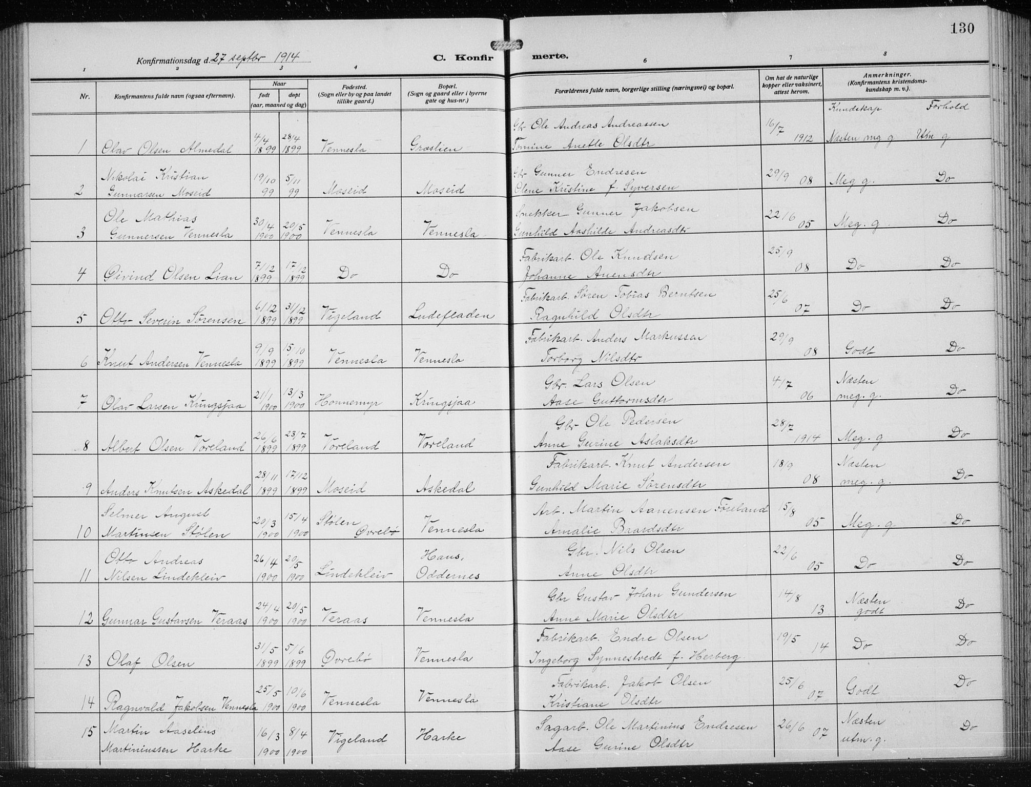 Vennesla sokneprestkontor, AV/SAK-1111-0045/Fb/Fbb/L0006: Parish register (copy) no. B 6, 1914-1921, p. 130