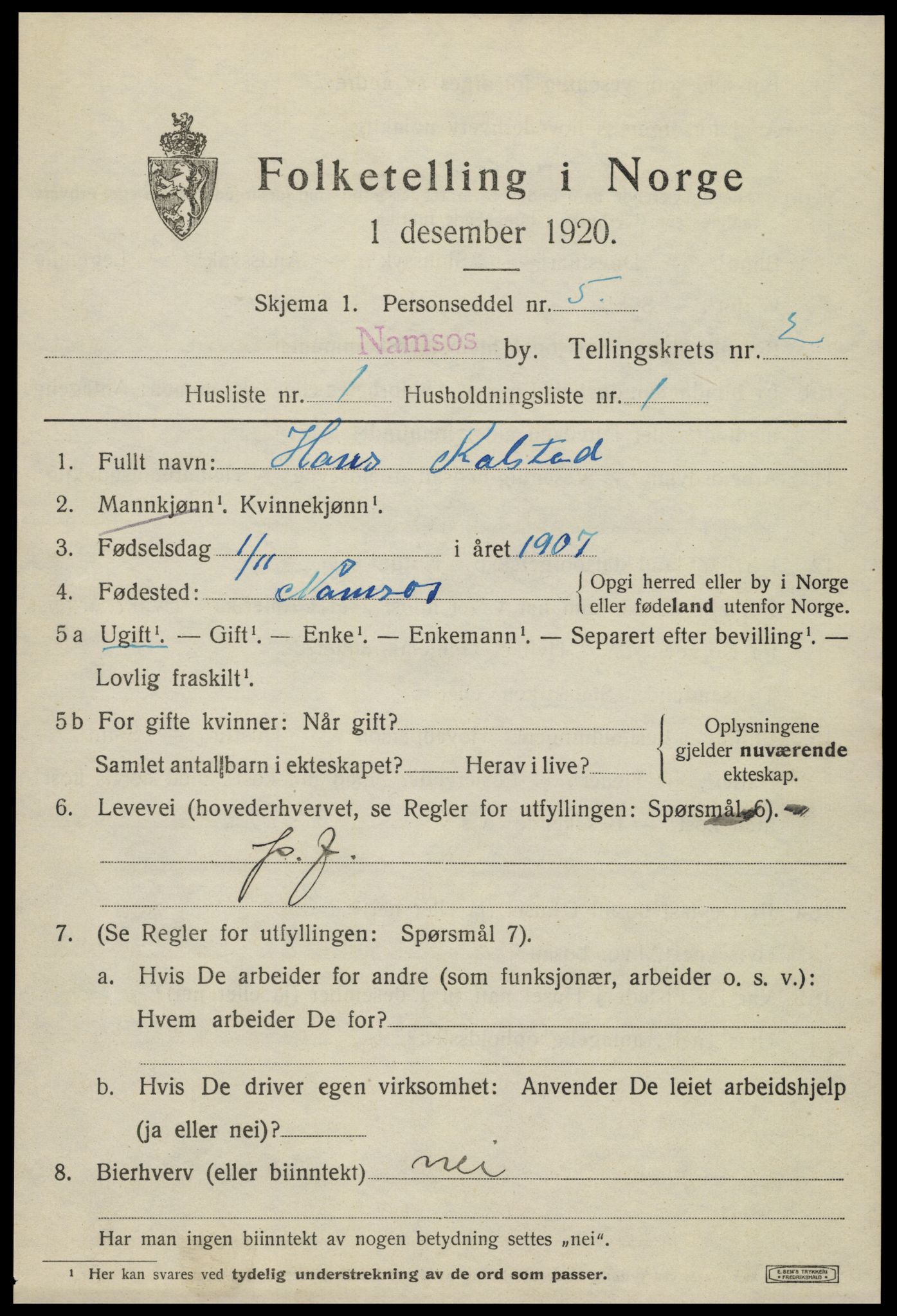 SAT, 1920 census for Namsos, 1920, p. 3141