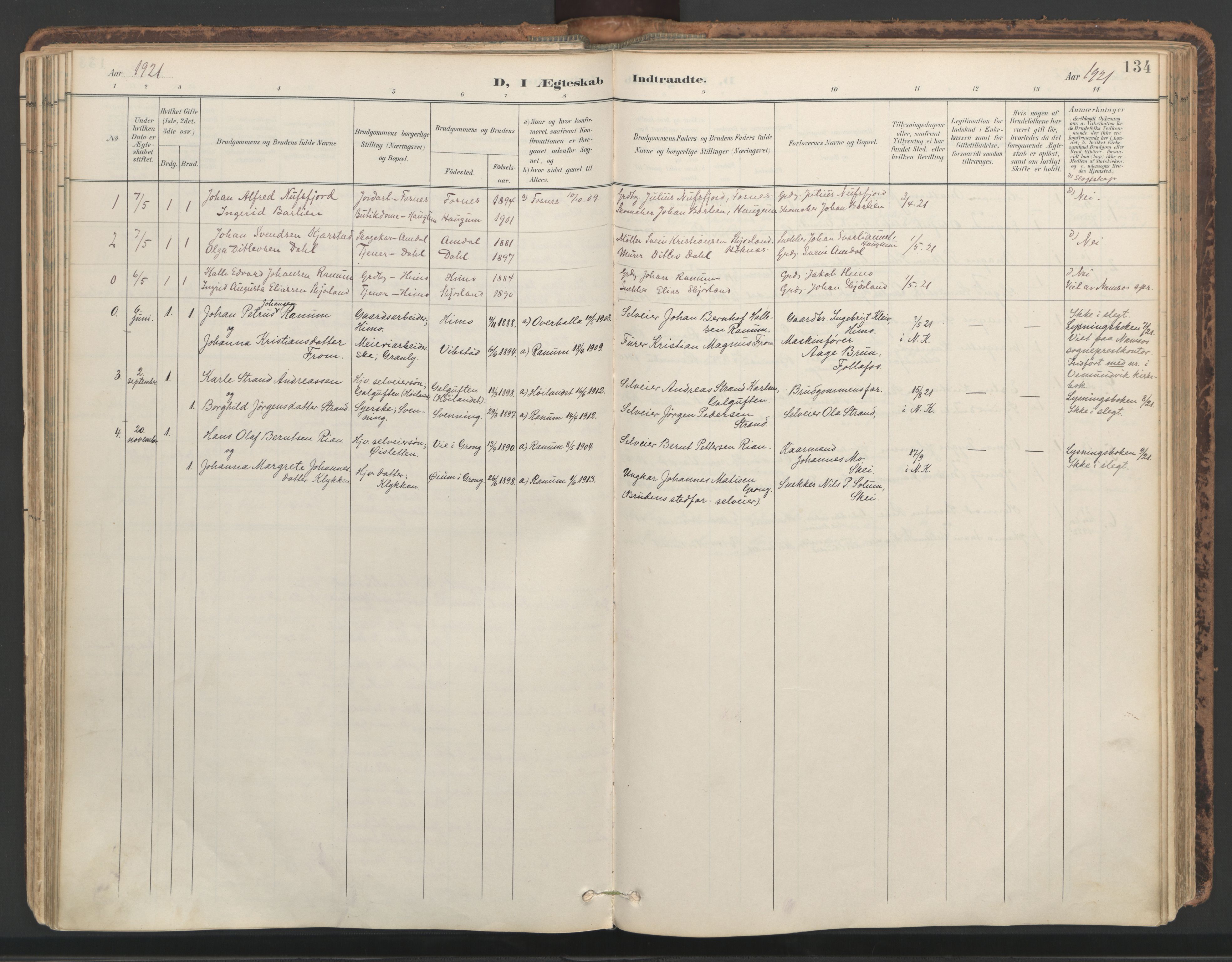 Ministerialprotokoller, klokkerbøker og fødselsregistre - Nord-Trøndelag, SAT/A-1458/764/L0556: Parish register (official) no. 764A11, 1897-1924, p. 134