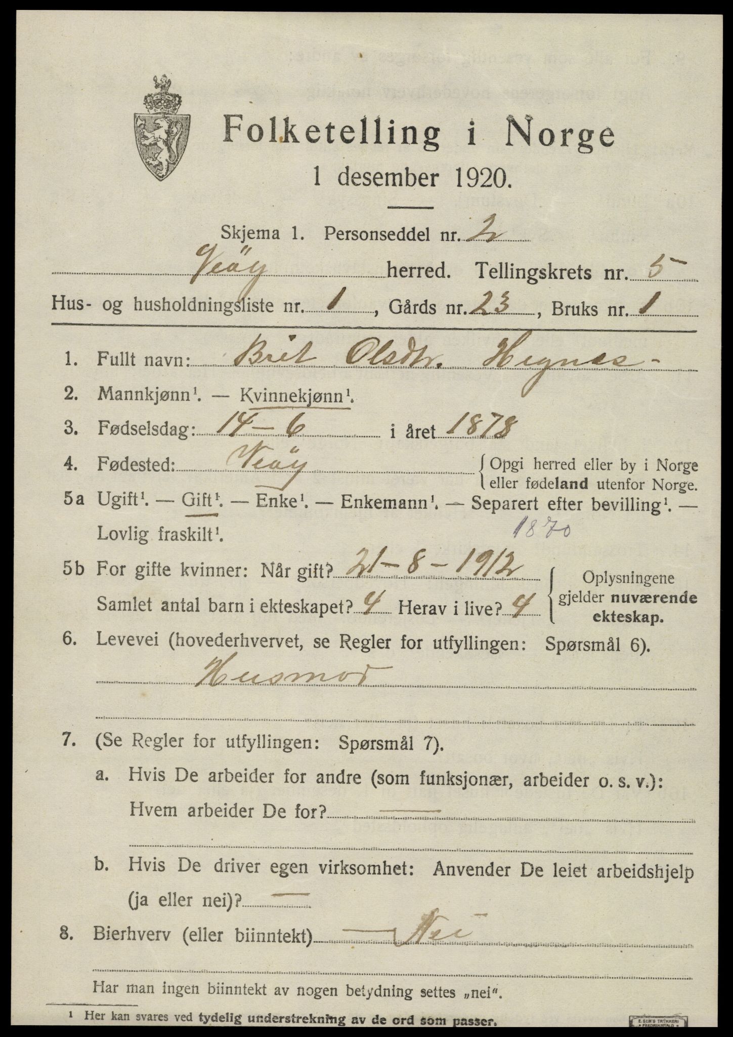 SAT, 1920 census for Veøy, 1920, p. 2325