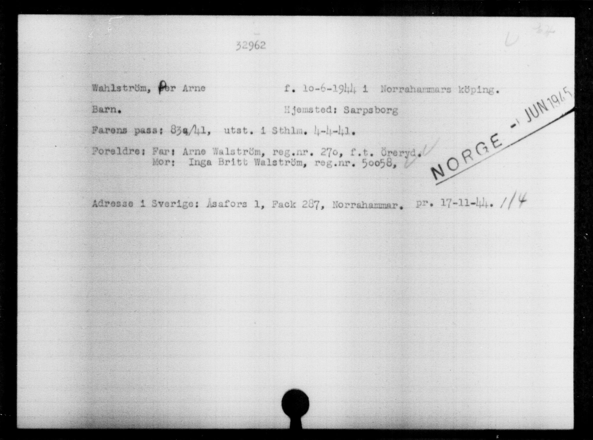 Utenriksstasjonene, Legasjonen i Stockholm, Flyktningkontoret, AV/RA-S-6753/V/Va/L0013: Kjesäterkartoteket, flyktninger med registreringsnr. 31500-34731, 1940-1945, p. 1525