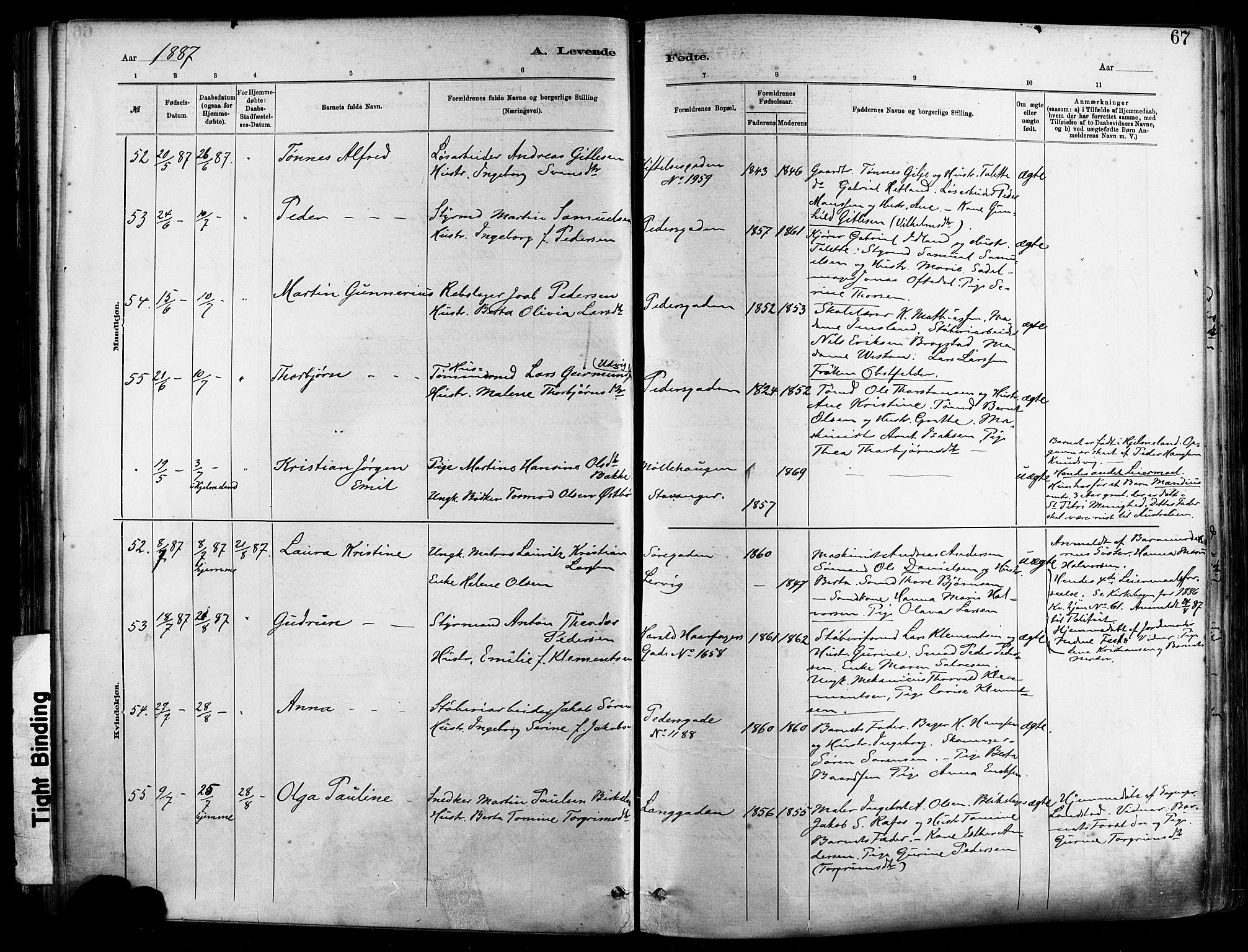 St. Johannes sokneprestkontor, SAST/A-101814/001/30/30BA/L0001: Parish register (official) no. A 1, 1885-1891, p. 67