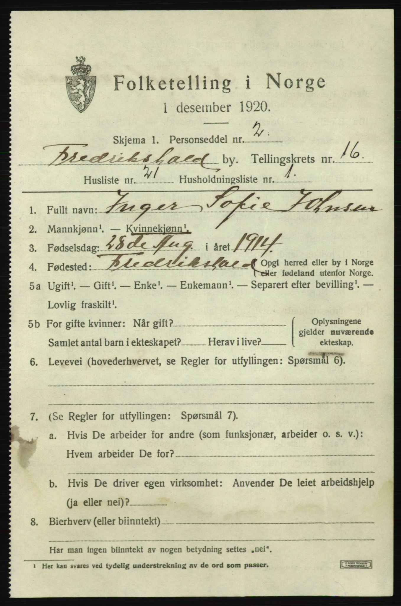 SAO, 1920 census for Fredrikshald, 1920, p. 25489
