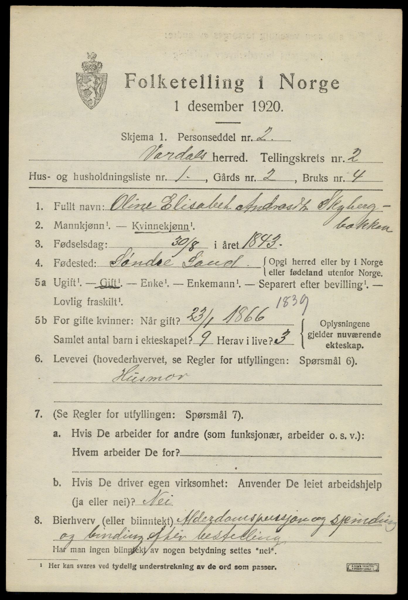 SAH, 1920 census for Vardal, 1920, p. 2443