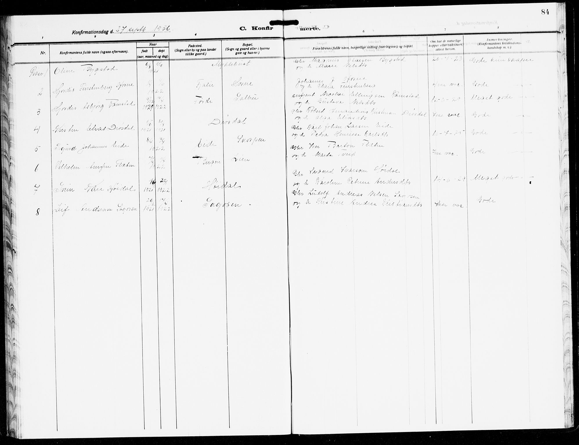 Hyllestad sokneprestembete, AV/SAB-A-80401: Parish register (copy) no. C 5, 1928-1942, p. 84