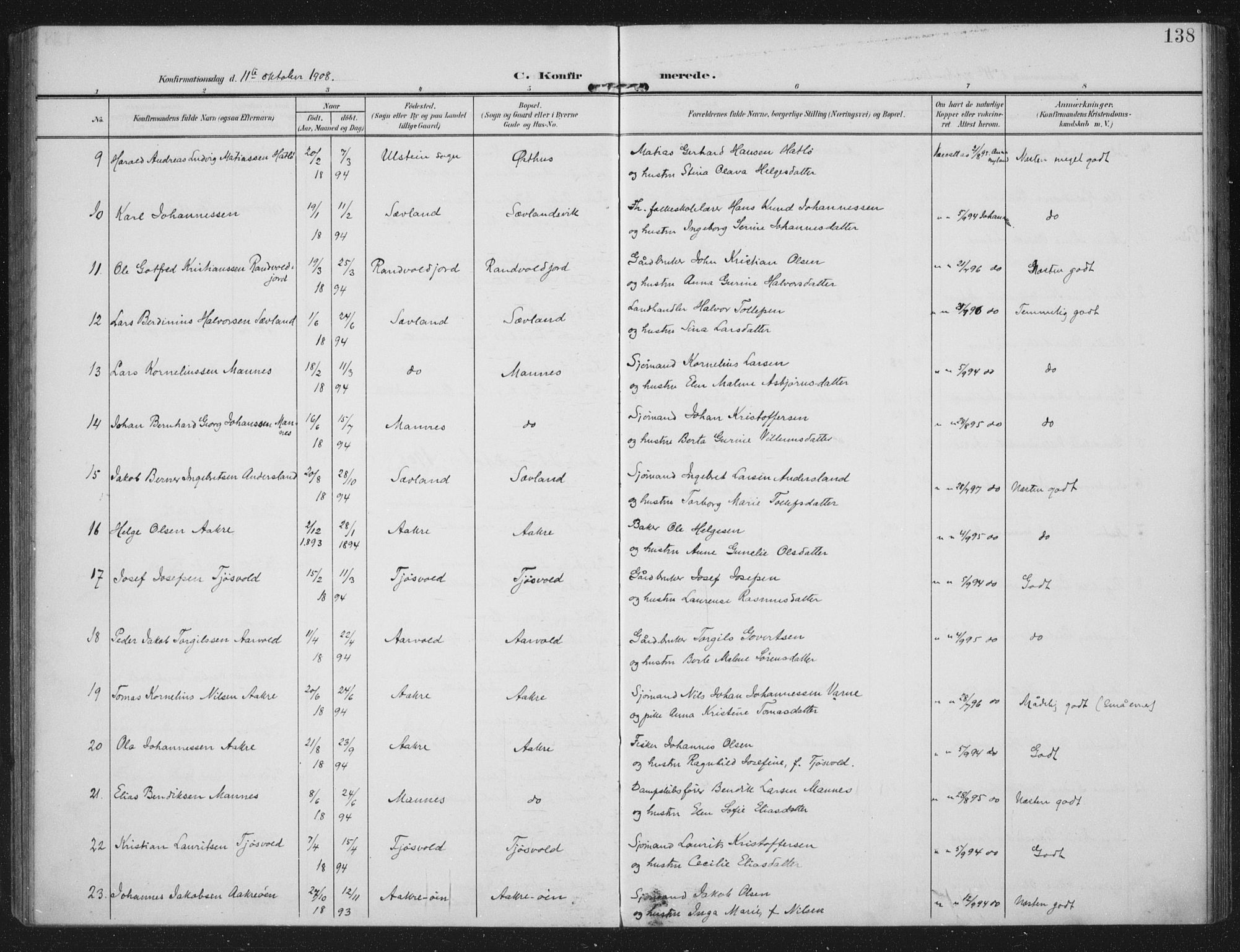 Kopervik sokneprestkontor, AV/SAST-A-101850/H/Ha/Haa/L0005: Parish register (official) no. A 5, 1906-1924, p. 138