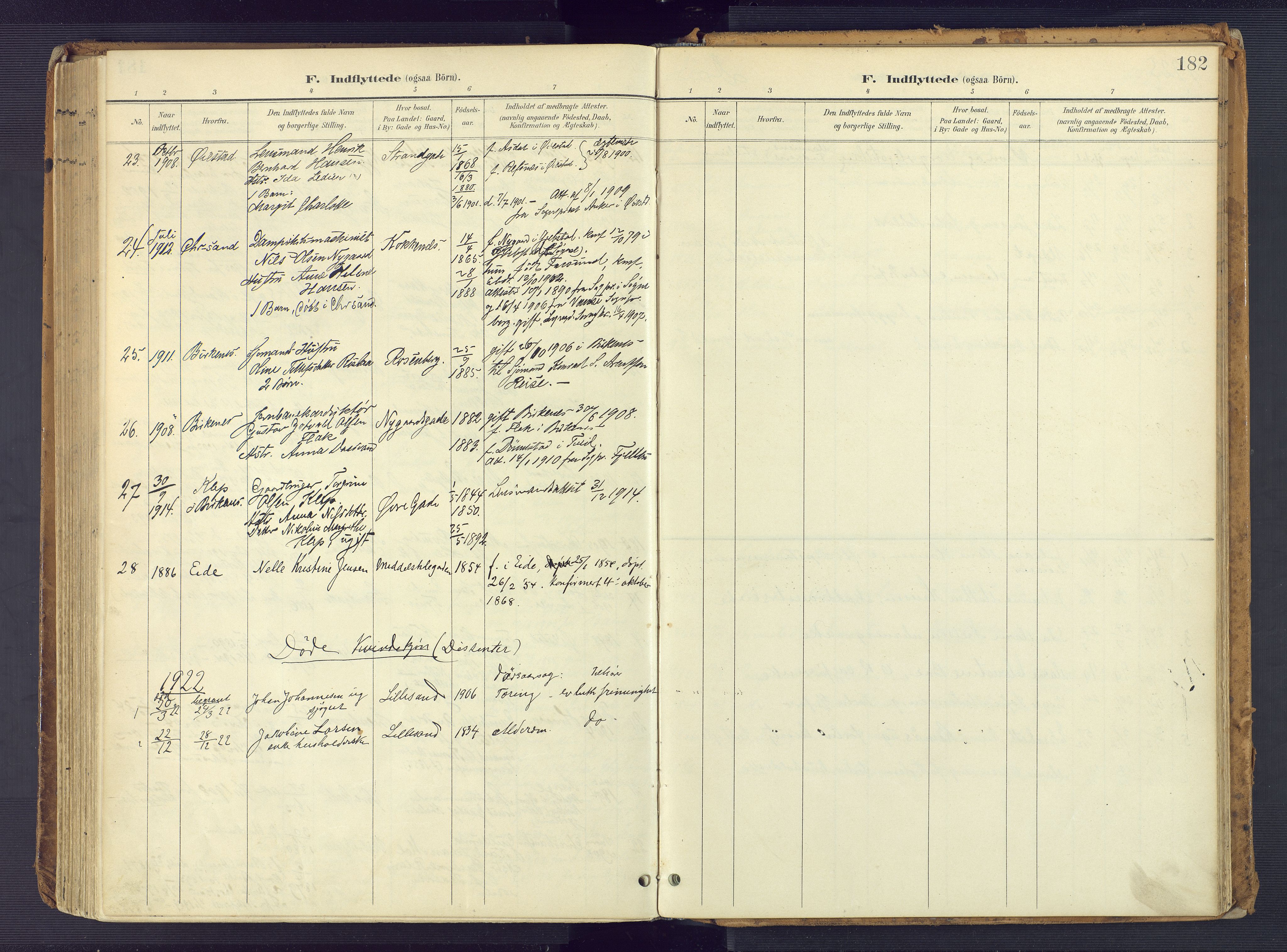 Vestre Moland sokneprestkontor, AV/SAK-1111-0046/F/Fa/Faa/L0002: Parish register (official) no. A 2, 1900-1926, p. 182