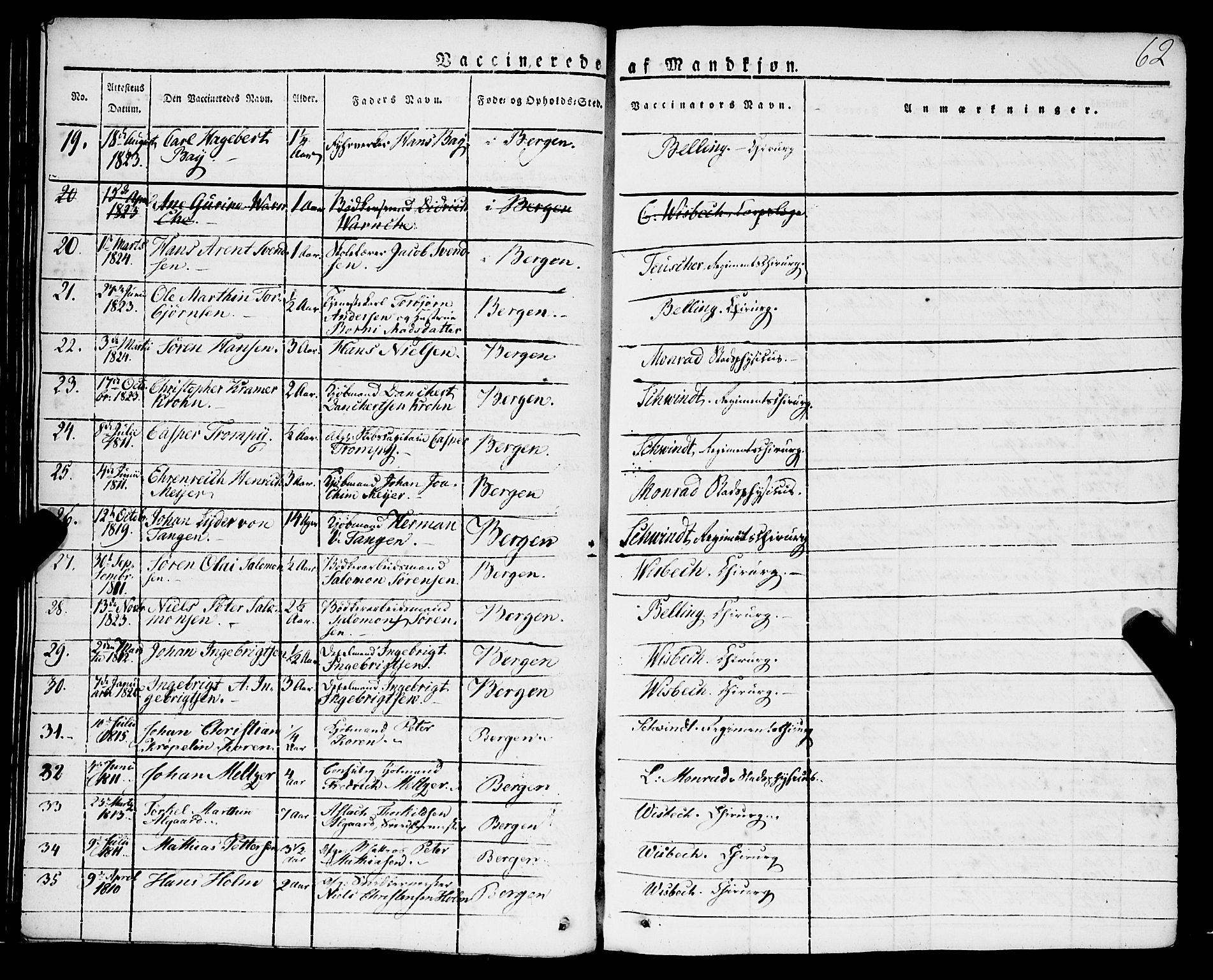 Korskirken sokneprestembete, AV/SAB-A-76101/H/Haa/L0050: Parish register (official) no. F 1, 1821-1869, p. 62