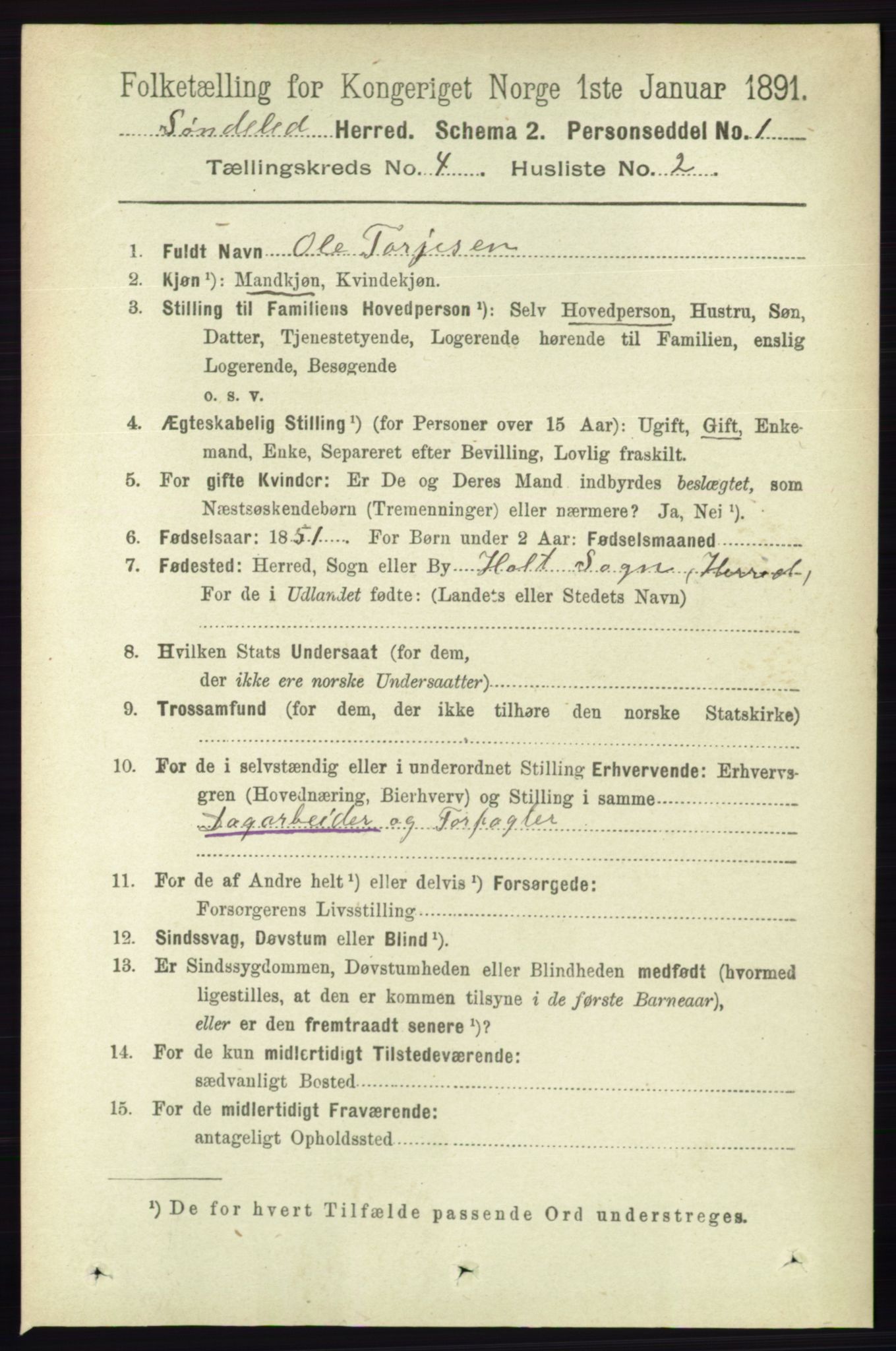 RA, 1891 census for 0913 Søndeled, 1891, p. 883