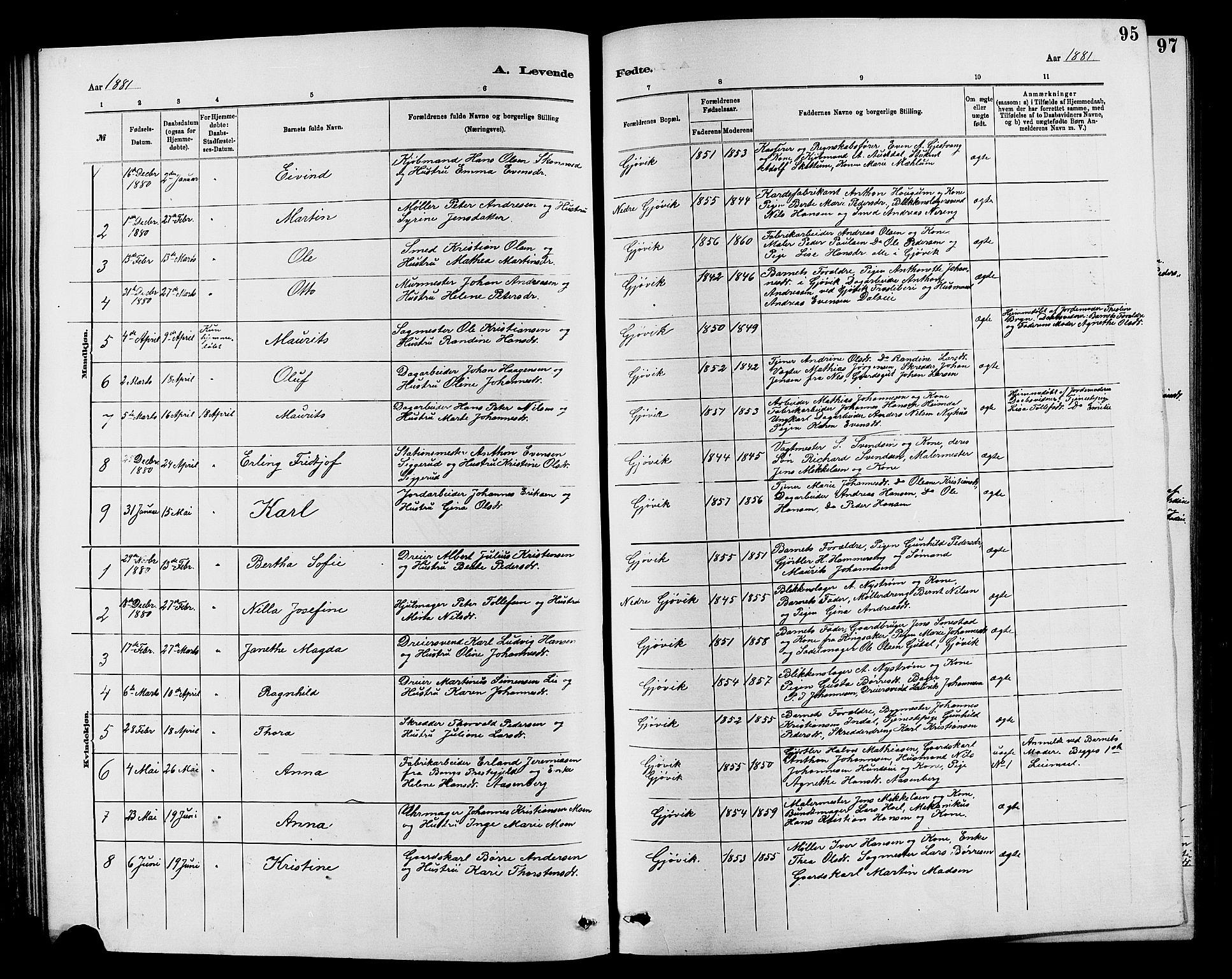 Vardal prestekontor, SAH/PREST-100/H/Ha/Hab/L0007: Parish register (copy) no. 7 /2, 1881-1895, p. 95