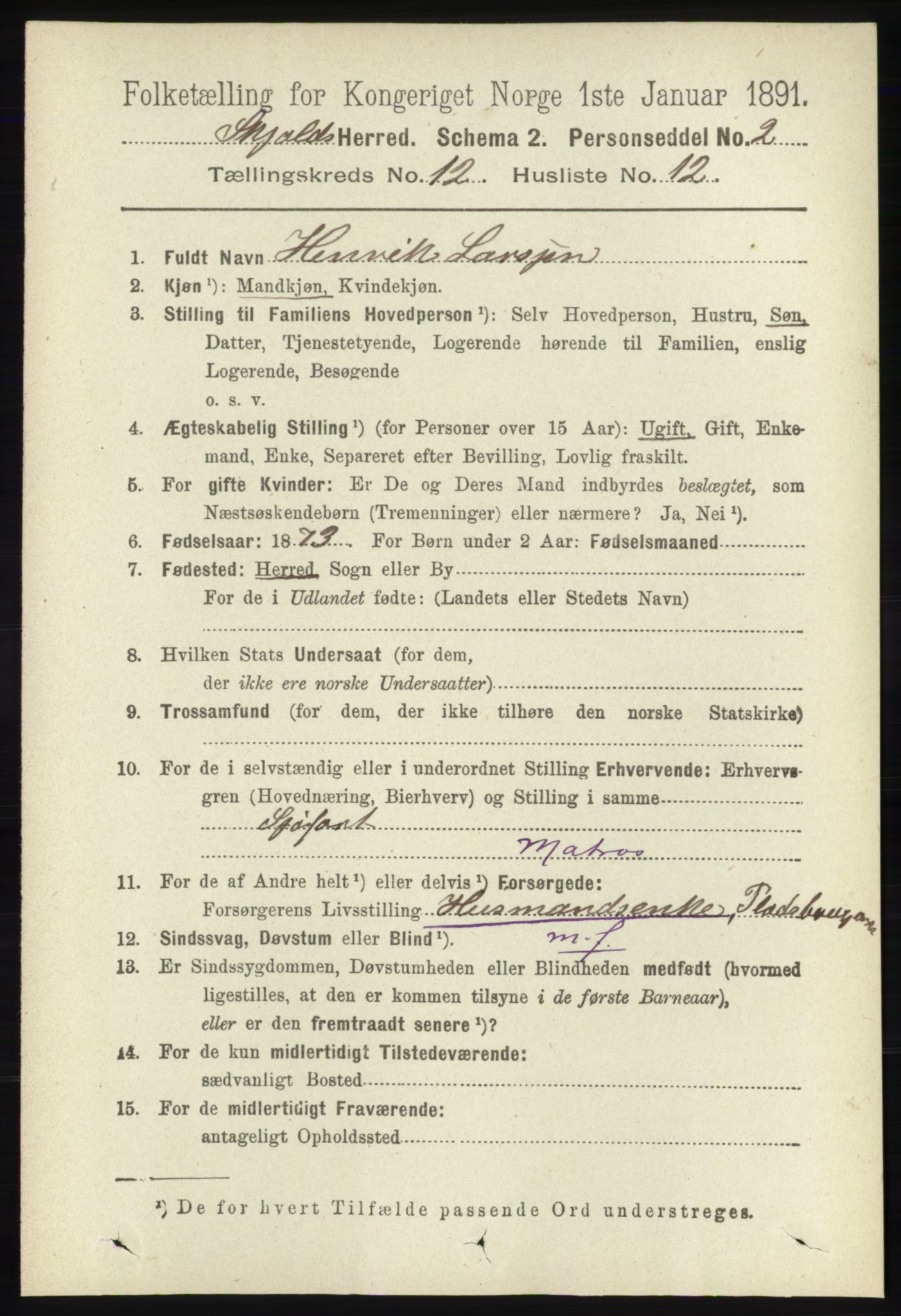 RA, 1891 census for 1154 Skjold, 1891, p. 2313