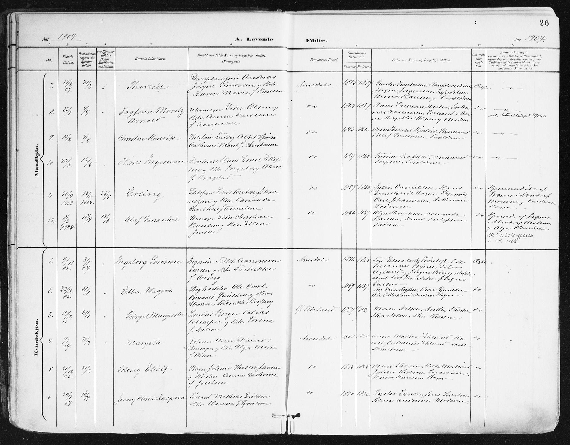 Arendal sokneprestkontor, Trefoldighet, AV/SAK-1111-0040/F/Fa/L0010: Parish register (official) no. A 10, 1900-1919, p. 26