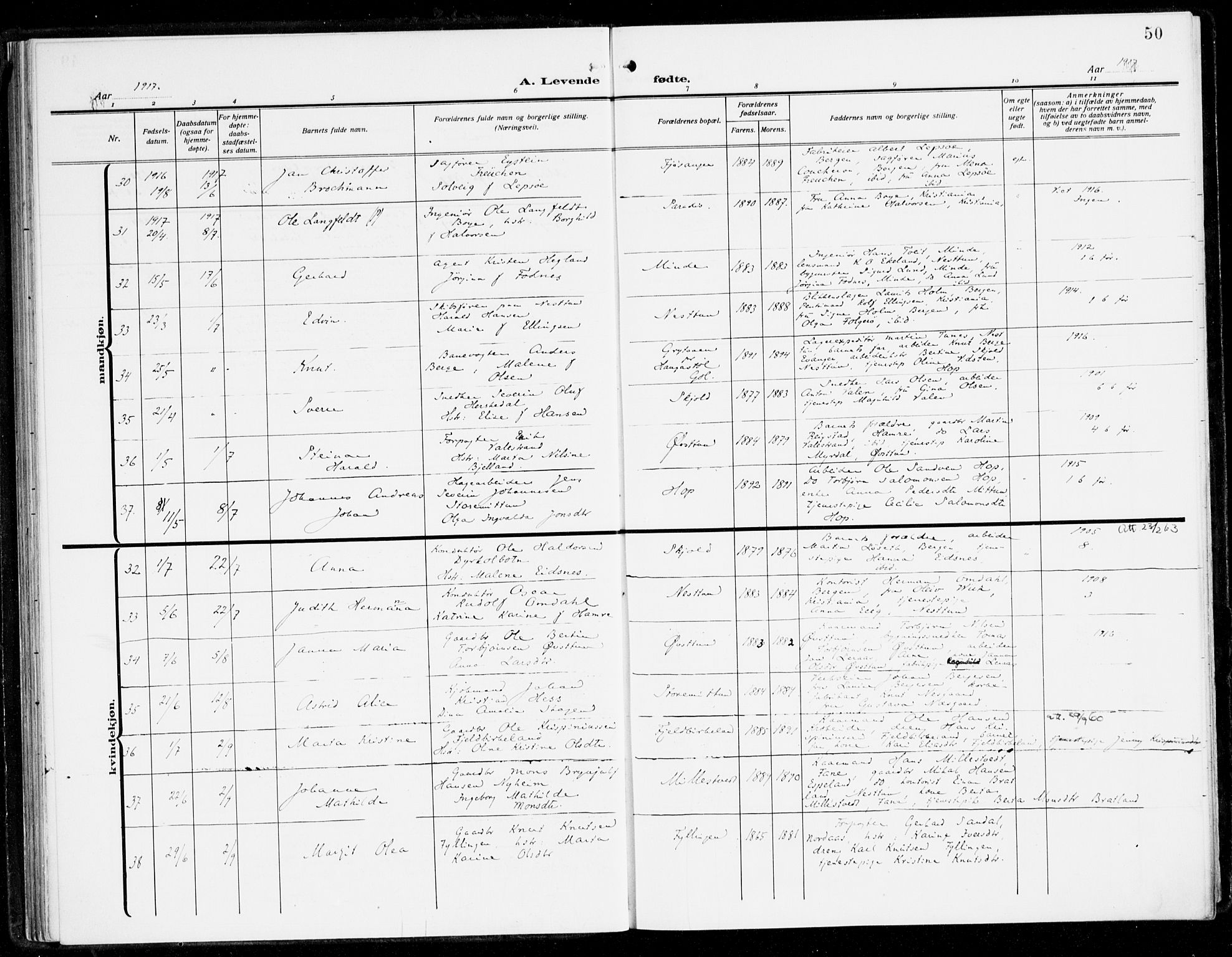 Fana Sokneprestembete, AV/SAB-A-75101/H/Haa/Haai/L0004: Parish register (official) no. I 4, 1912-1933, p. 50