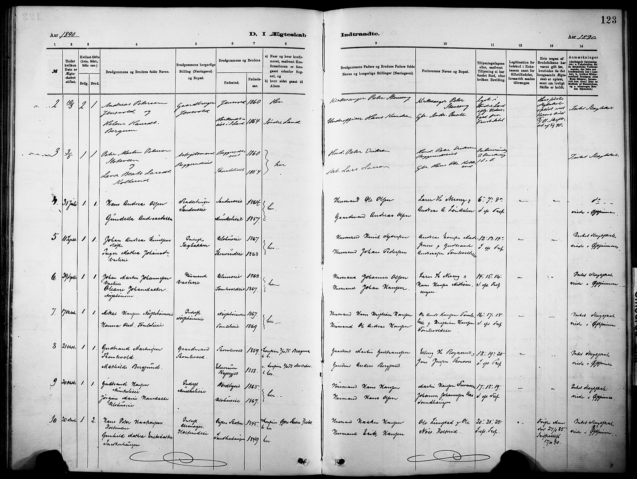 Nordre Land prestekontor, SAH/PREST-124/H/Ha/Haa/L0005: Parish register (official) no. 5, 1882-1903, p. 123