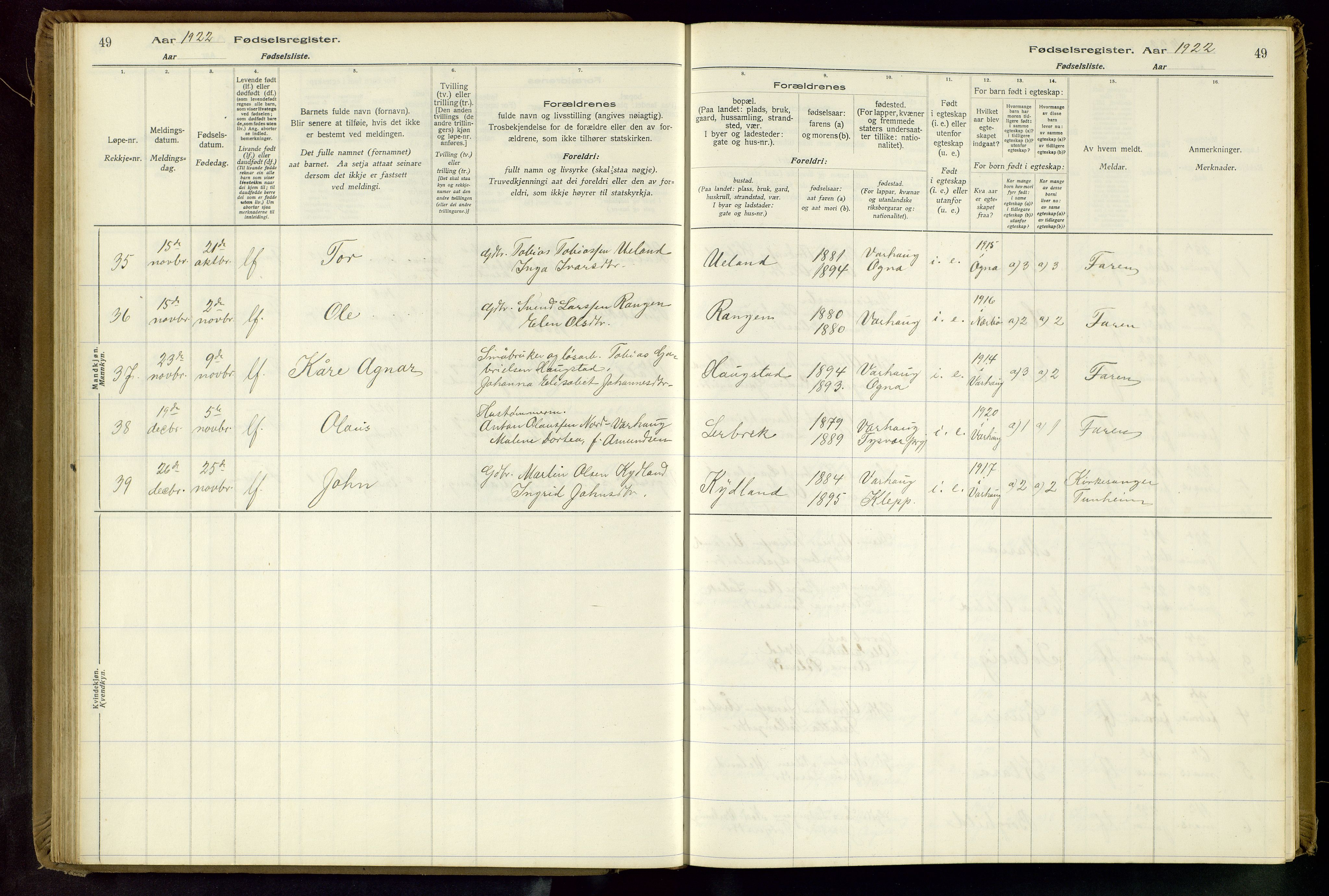 Hå sokneprestkontor, AV/SAST-A-101801/001/704BA/L0001: Birth register no. 1, 1916-1944, p. 49