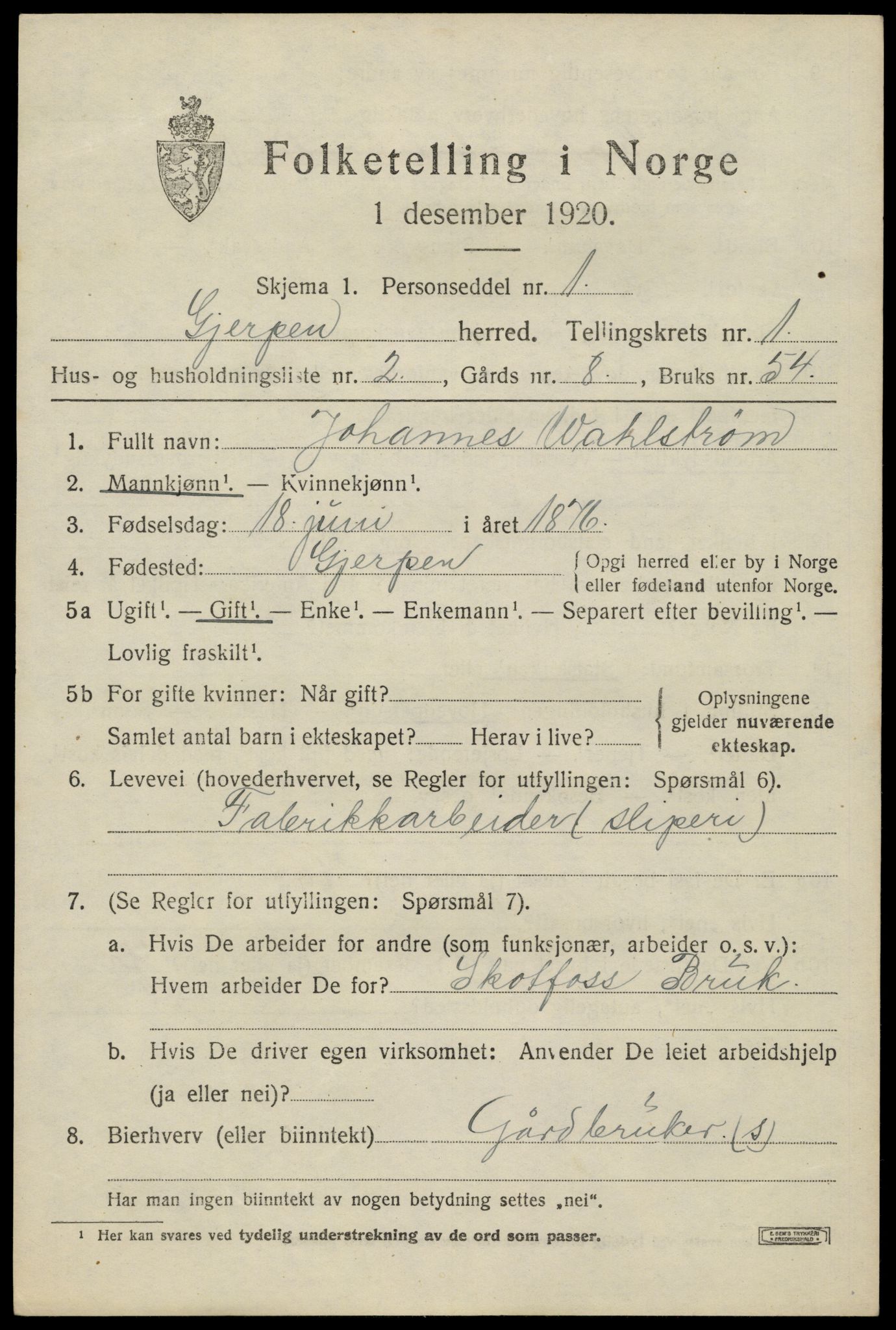 SAKO, 1920 census for Gjerpen, 1920, p. 2700