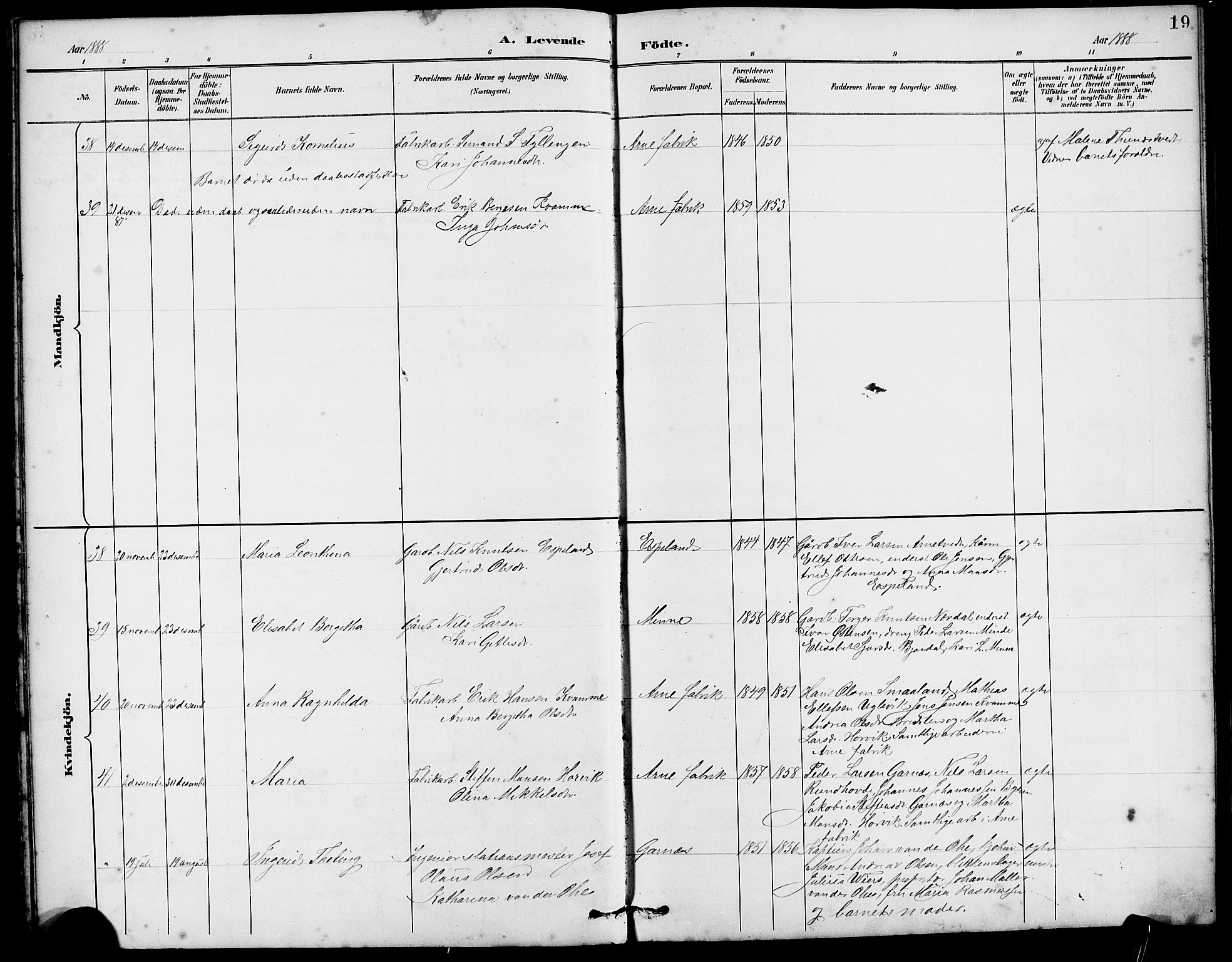 Arna Sokneprestembete, AV/SAB-A-74001/H/Ha/Hab: Parish register (copy) no. A 3, 1887-1897, p. 19