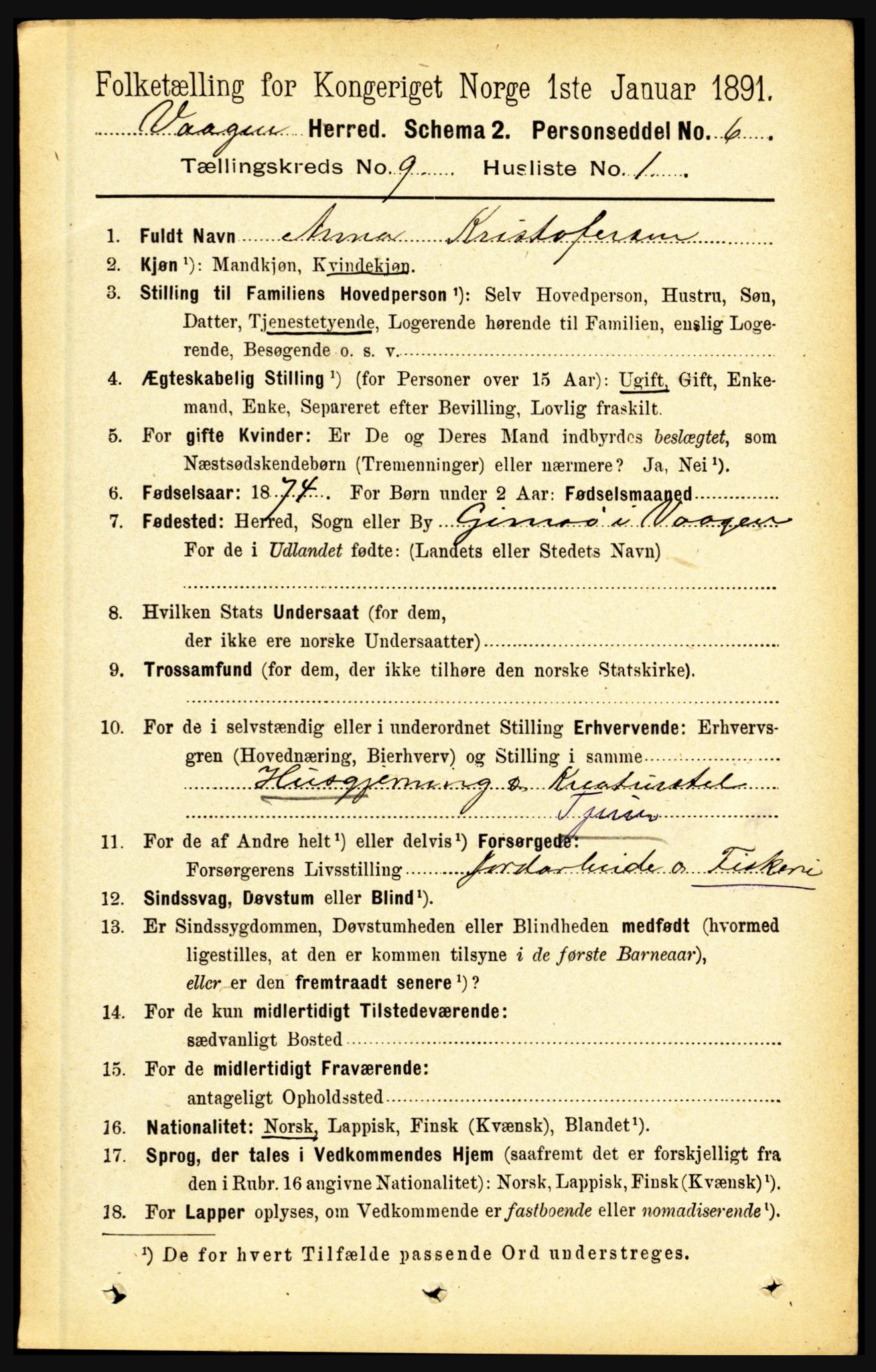 RA, 1891 census for 1865 Vågan, 1891, p. 2267