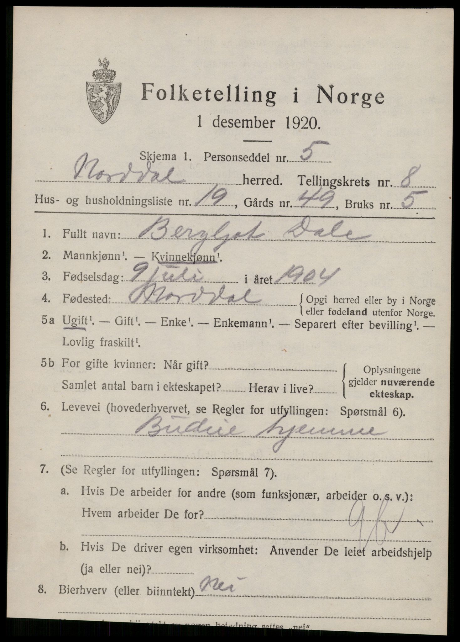 SAT, 1920 census for Norddal, 1920, p. 4227