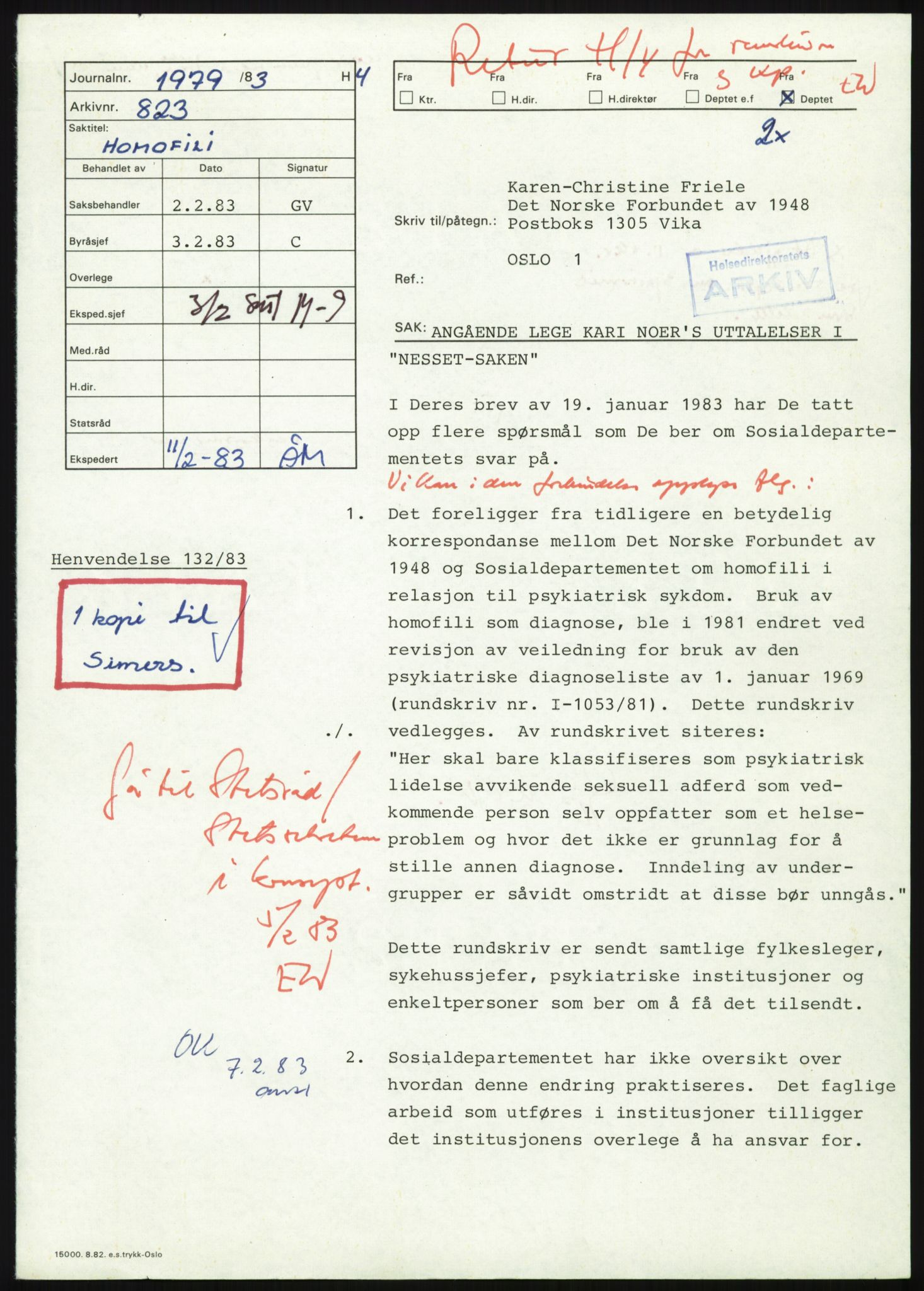 Sosialdepartementet, Helsedirektoratet, Kontoret for psykiatri, H4, RA/S-1286/D/Dc/L0611/0002: Sakarkiv / Homofili, 1962-1983, p. 2