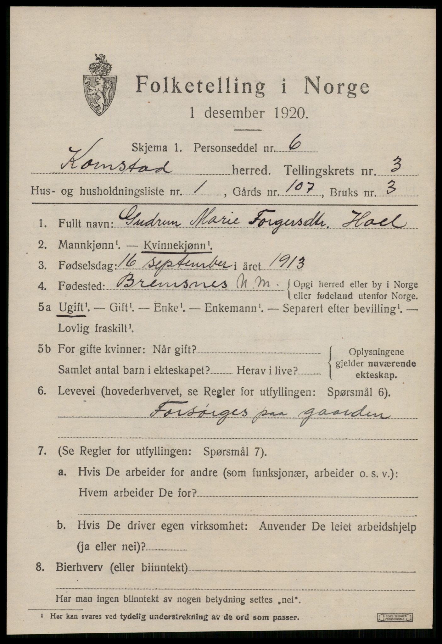 SAT, 1920 census for Kornstad, 1920, p. 1915