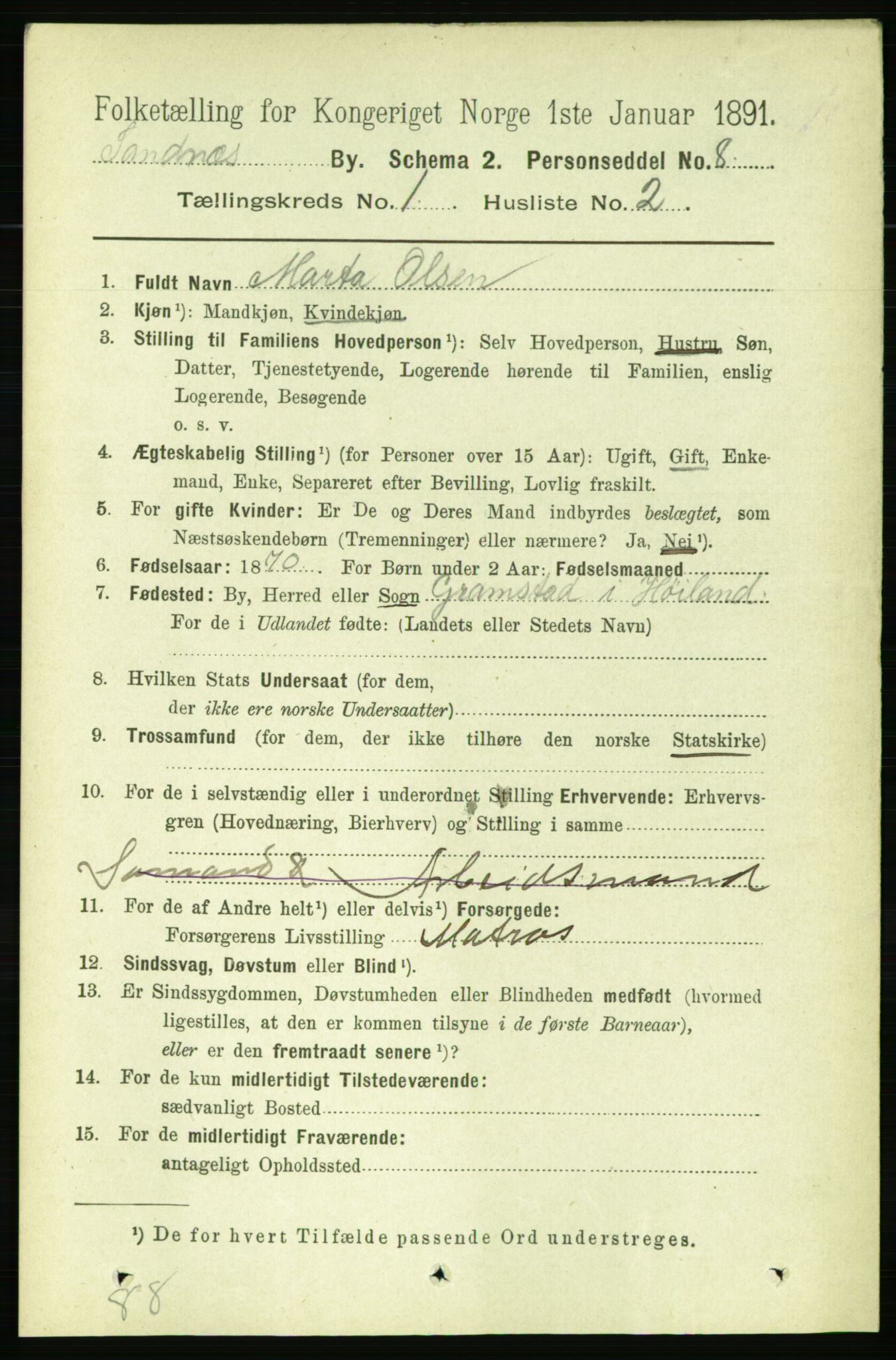 RA, 1891 census for 1102 Sandnes, 1891, p. 492