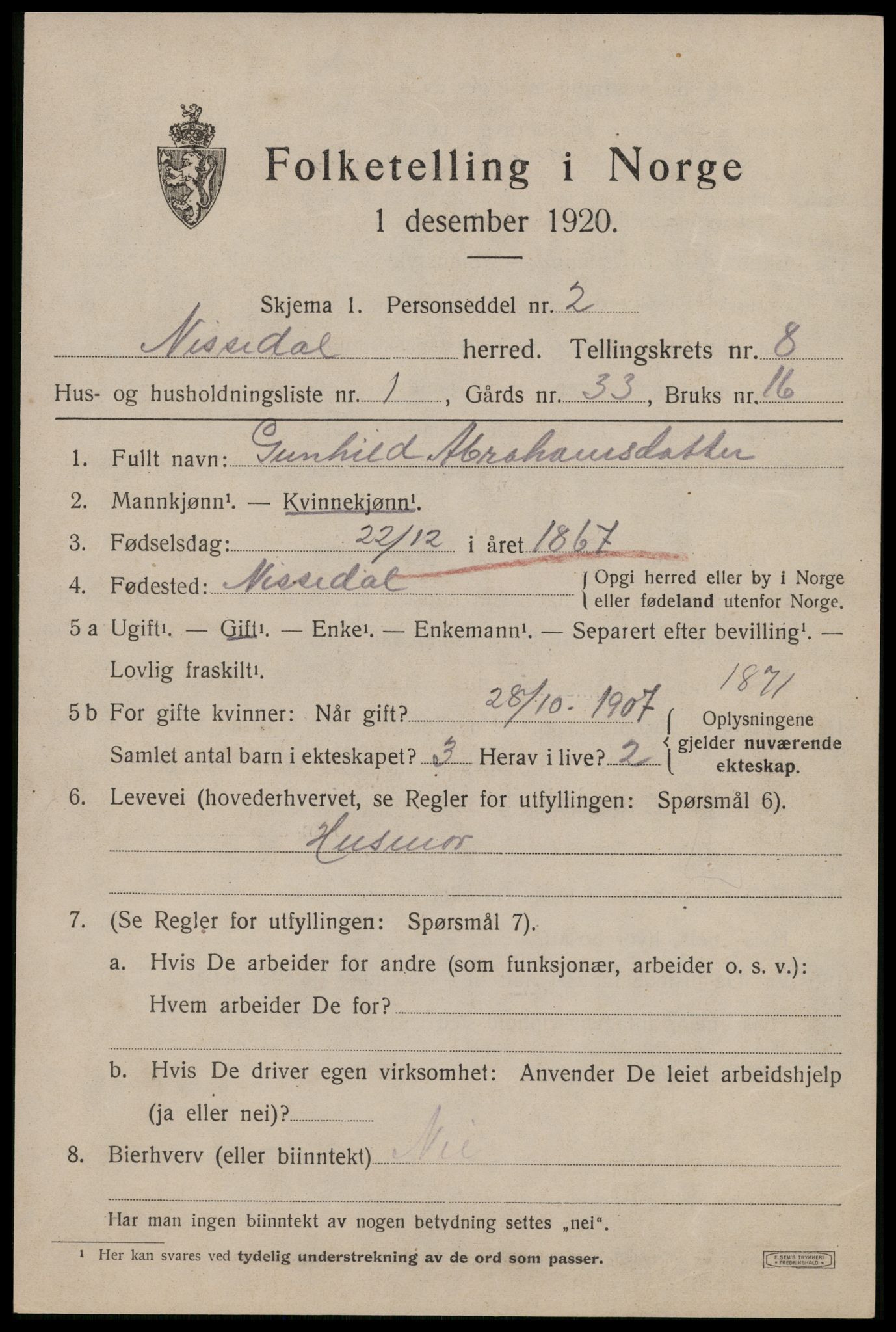 SAKO, 1920 census for Nissedal, 1920, p. 3041