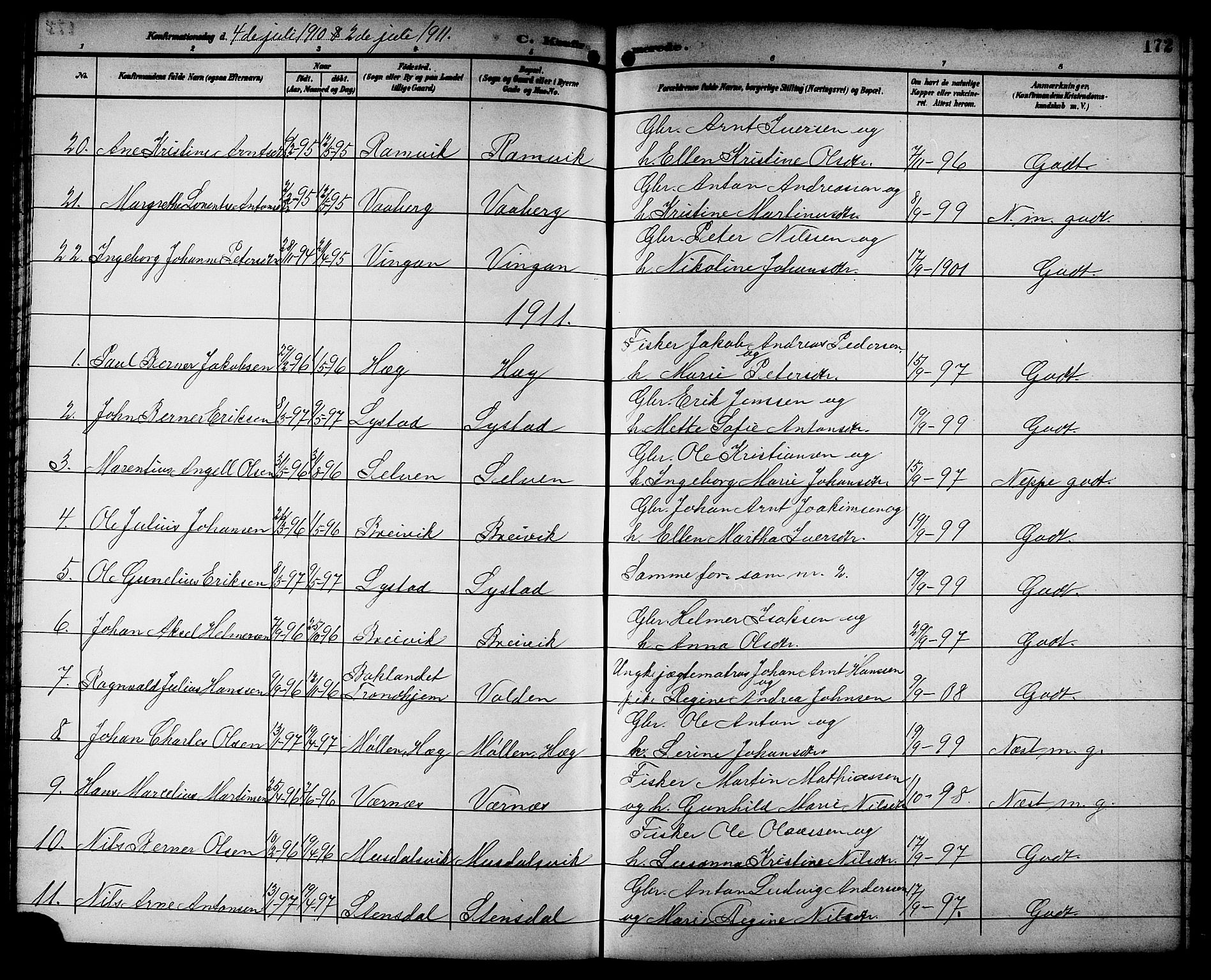 Ministerialprotokoller, klokkerbøker og fødselsregistre - Sør-Trøndelag, SAT/A-1456/662/L0757: Parish register (copy) no. 662C02, 1892-1918, p. 172
