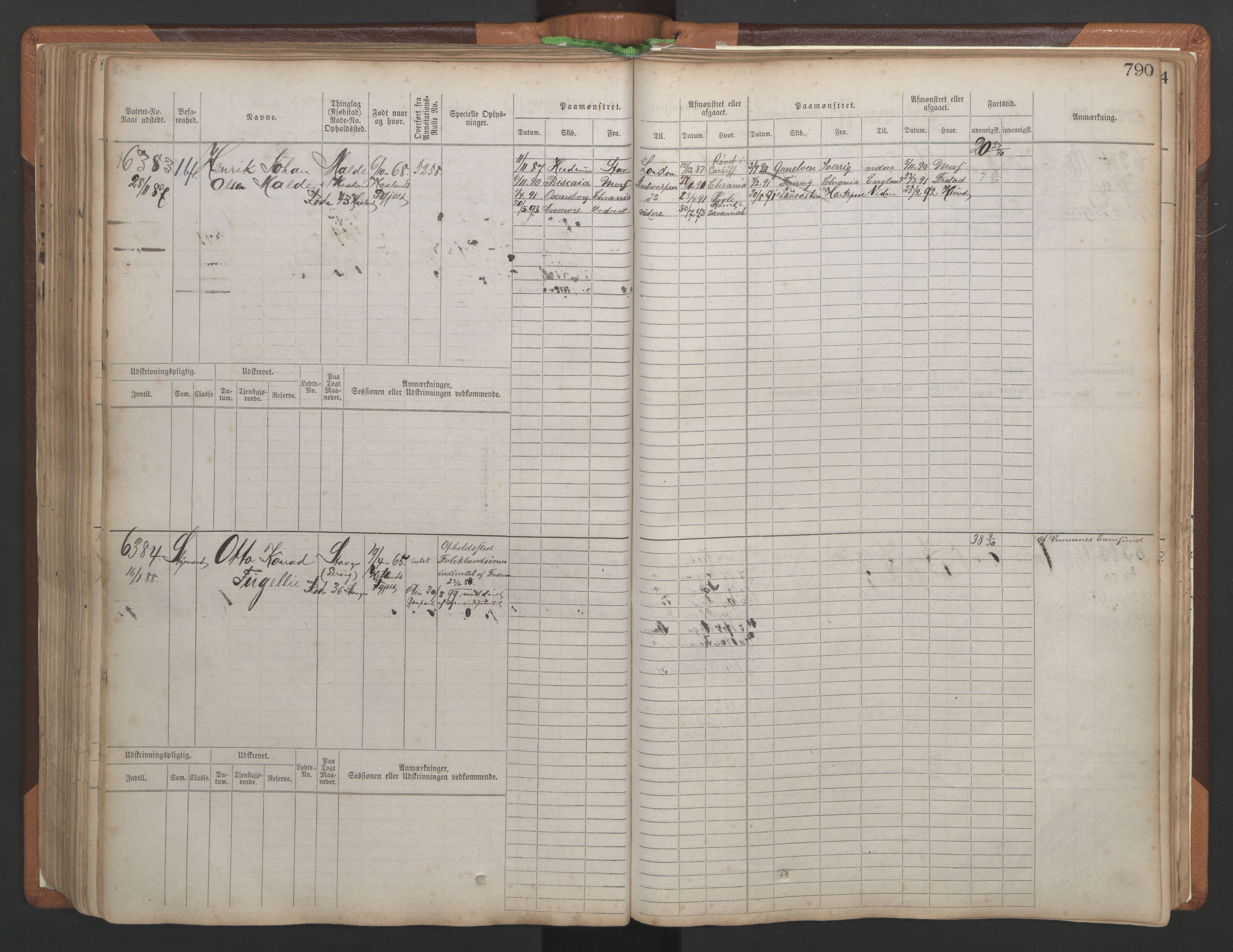 Stavanger sjømannskontor, AV/SAST-A-102006/F/Fb/Fbb/L0010: Sjøfartshovedrulle, patentnr. 6007-6606 (del 1), 1887-1896, p. 194