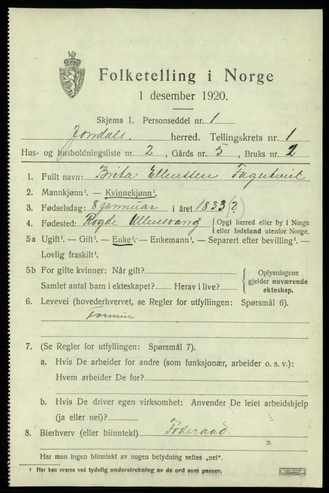 SAB, 1920 census for Jondal, 1920, p. 852