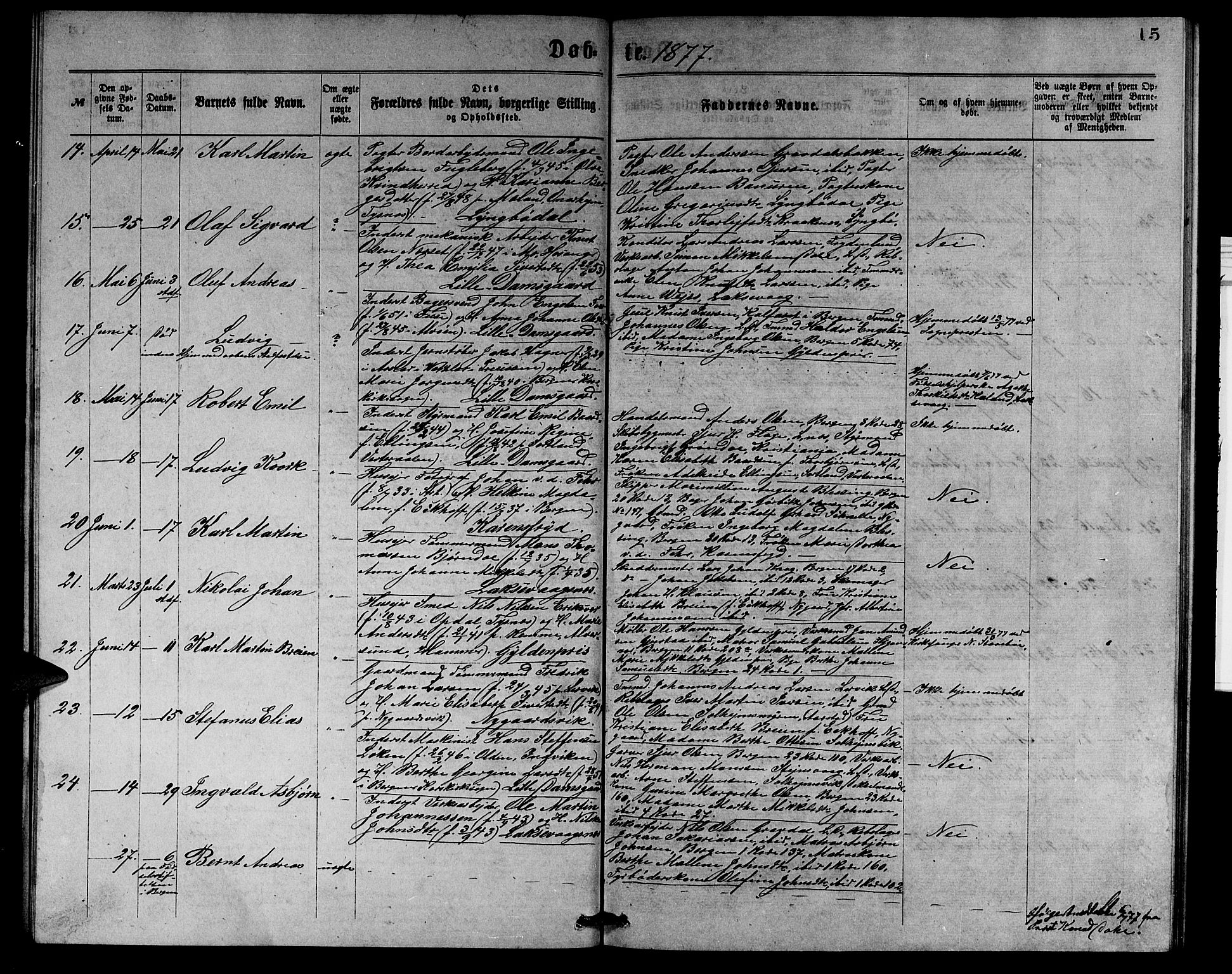 Laksevåg Sokneprestembete, AV/SAB-A-76501/H/Ha/Hab/Haba/L0001: Parish register (copy) no. A 1, 1875-1877, p. 15
