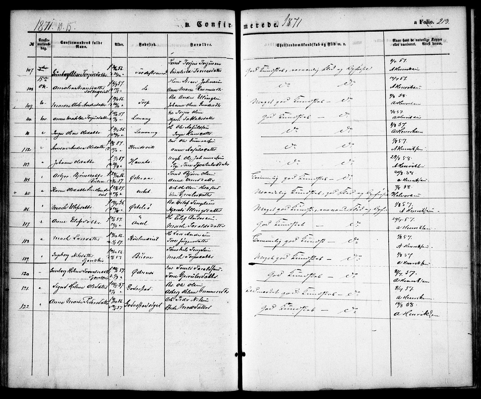 Holt sokneprestkontor, SAK/1111-0021/F/Fa/L0009: Parish register (official) no. A 9, 1861-1871, p. 213