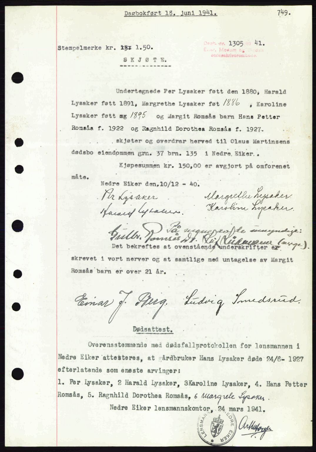 Eiker, Modum og Sigdal sorenskriveri, SAKO/A-123/G/Ga/Gab/L0043: Mortgage book no. A13, 1940-1941, Diary no: : 1305/1941
