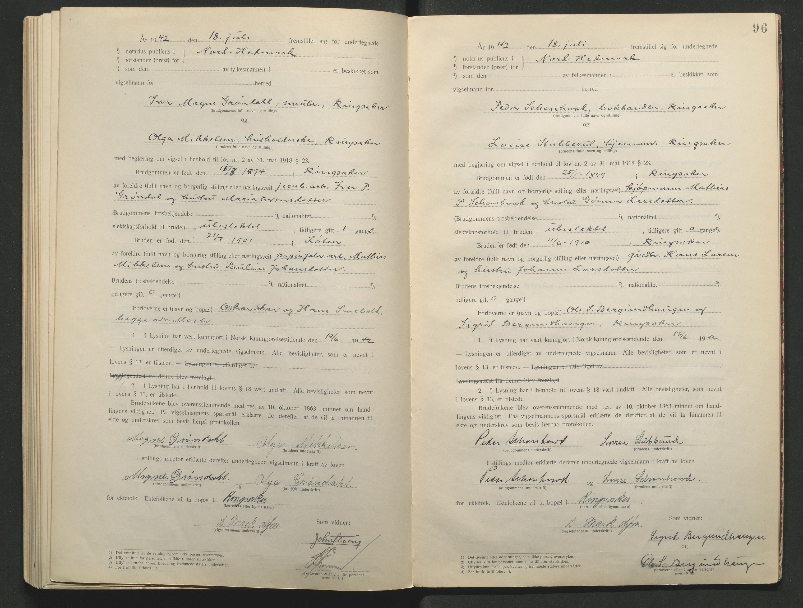 Nord-Hedmark sorenskriveri, AV/SAH-TING-012/L/Lc/L0001/0001: Vigselsprotokoller / Vigselsprotokoll, 1920-1942, p. 96