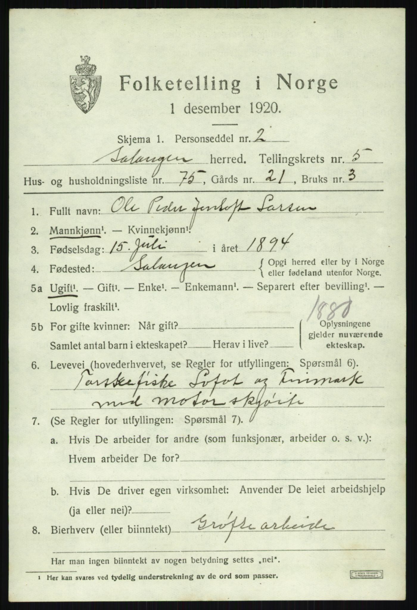 SATØ, 1920 census for Salangen, 1920, p. 4258