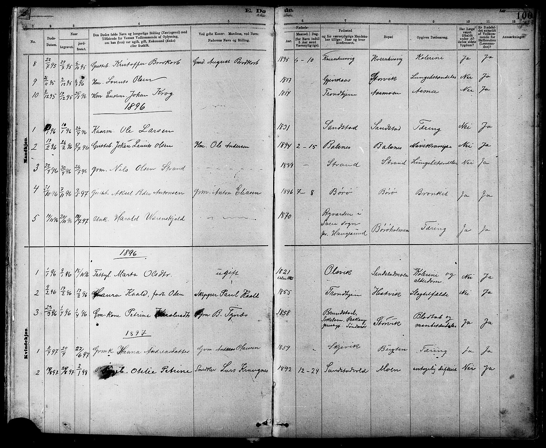 Ministerialprotokoller, klokkerbøker og fødselsregistre - Sør-Trøndelag, SAT/A-1456/639/L0573: Parish register (copy) no. 639C01, 1890-1905, p. 100