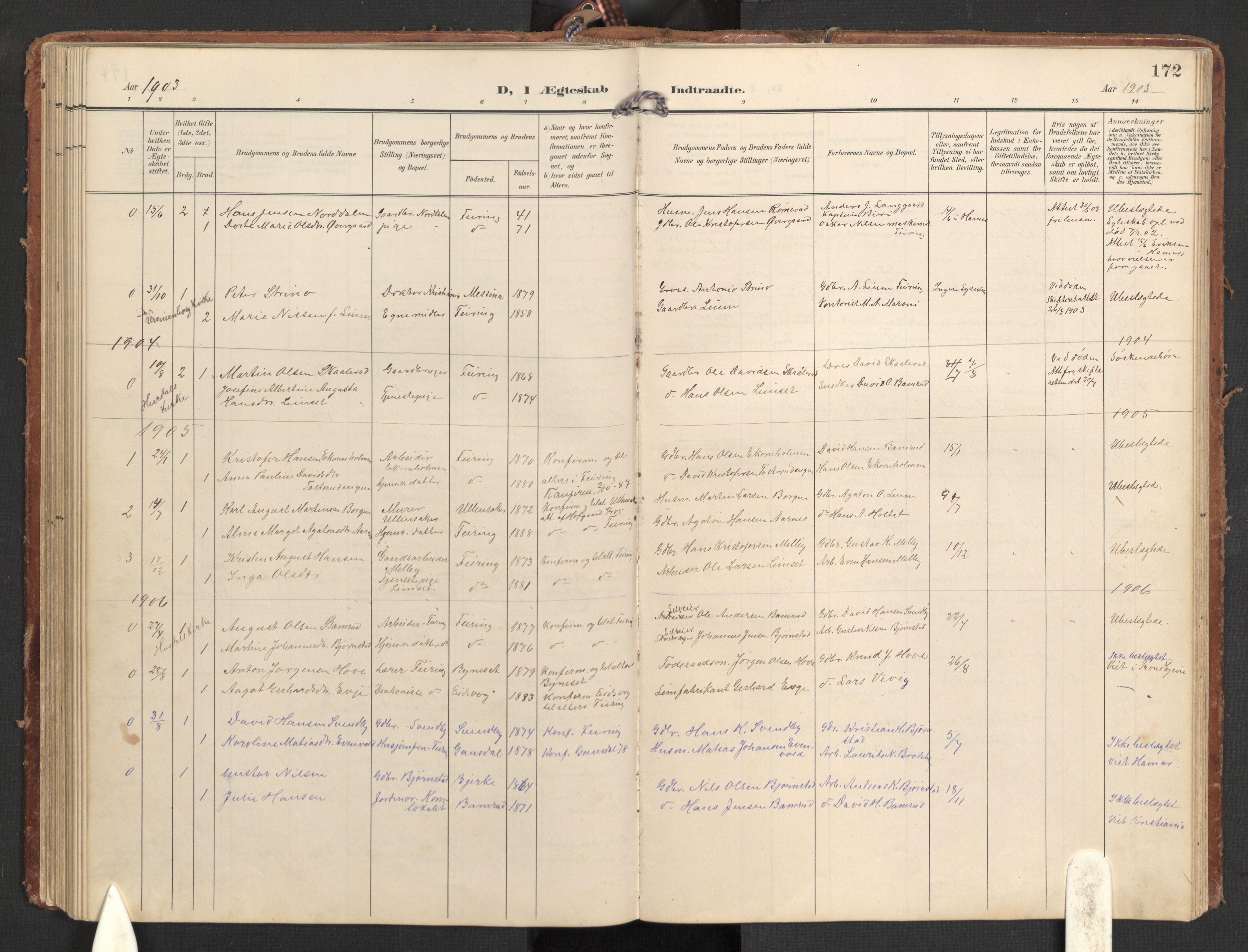 Hurdal prestekontor Kirkebøker, SAO/A-10889/G/Gb/L0001: Parish register (copy) no. II 1, 1902-1939, p. 172