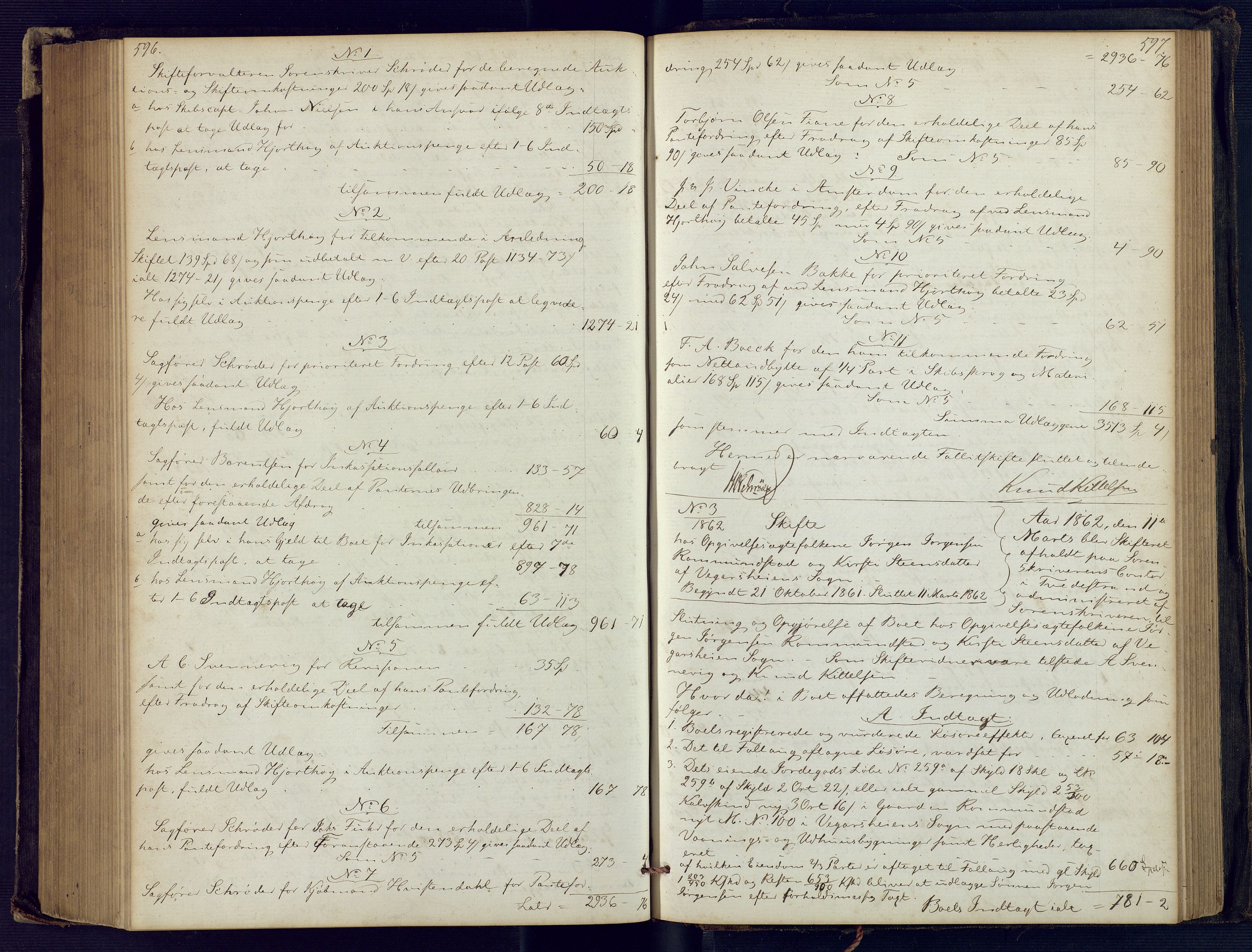 Holt sorenskriveri, SAK/1221-0002/H/Hc/L0029: Skifteutlodningsprotokoll nr. 4 med løst register, 1857-1862, p. 596-597
