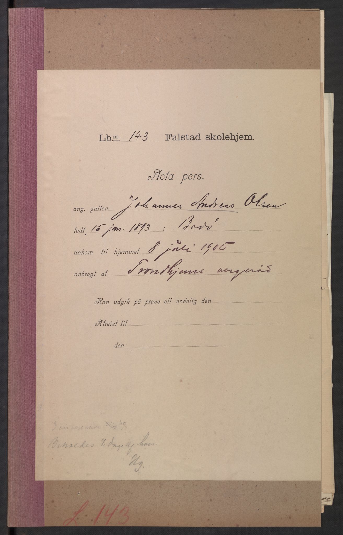 Falstad skolehjem, AV/RA-S-1676/E/Eb/L0006: Elevmapper løpenr. 121-145, 1903-1910, p. 351