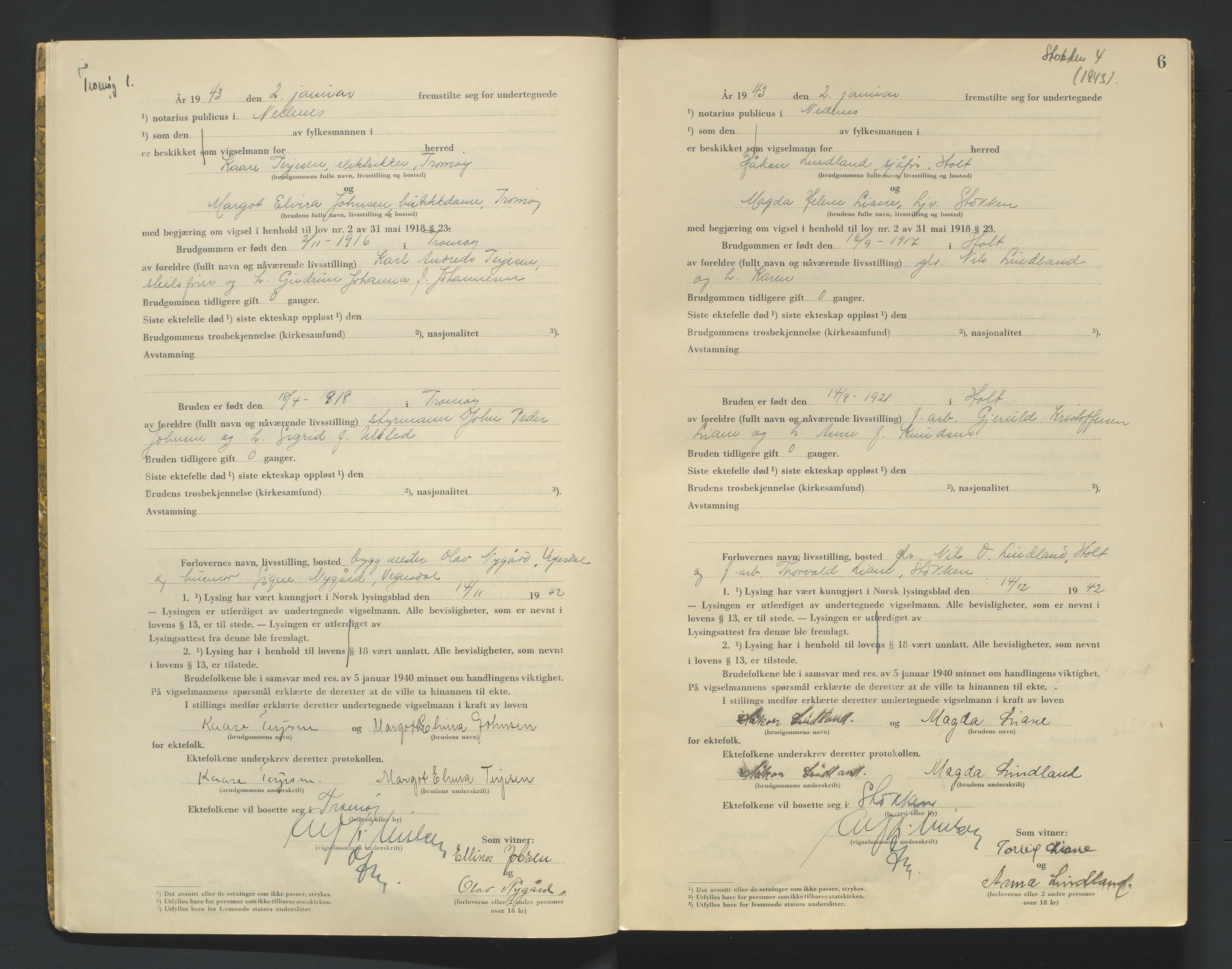 Nedenes sorenskriveri, AV/SAK-1221-0006/L/Ld/L0002/0002: Vigselsbøker / Vigselbok, 1942-1943, p. 6