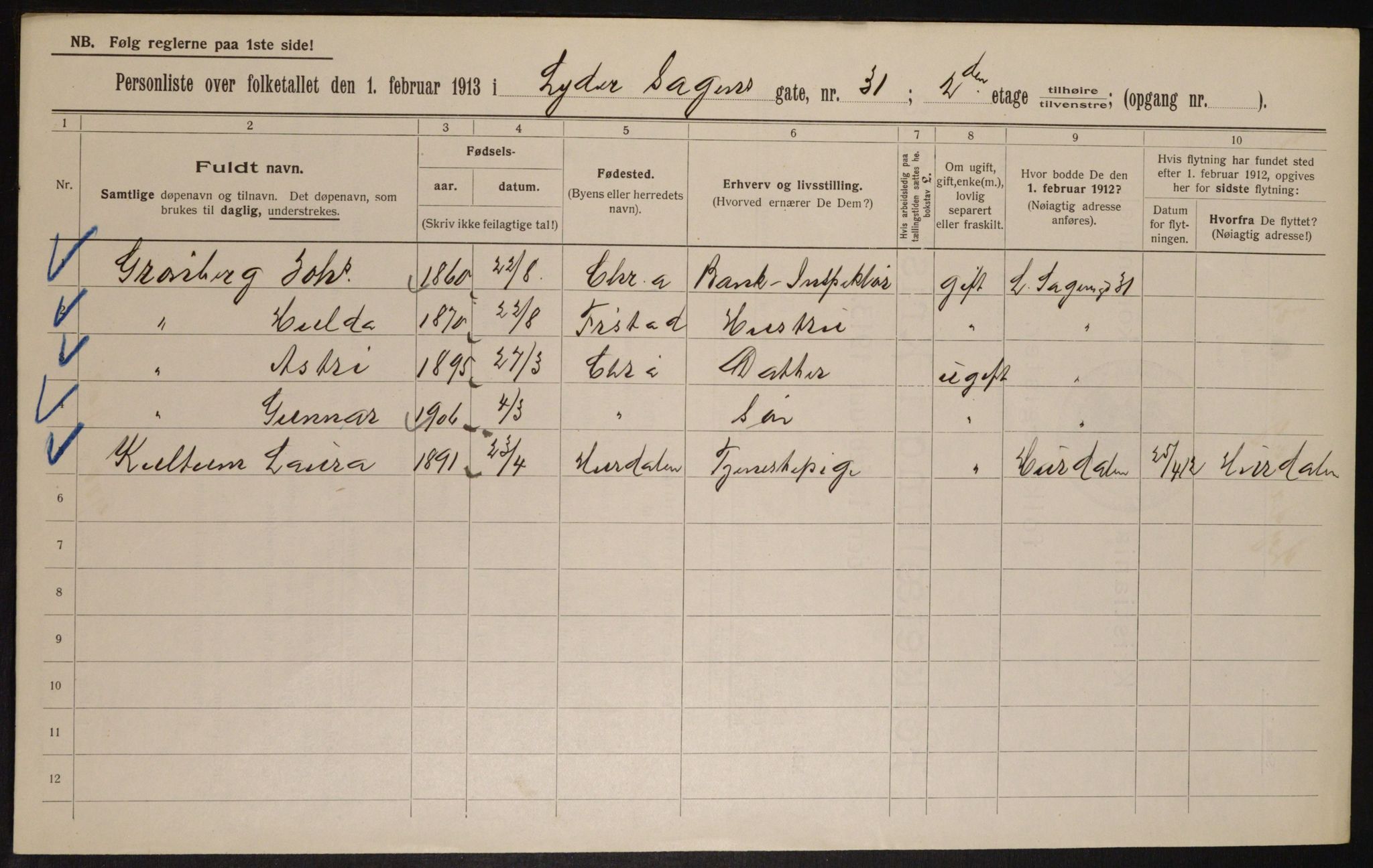 OBA, Municipal Census 1913 for Kristiania, 1913, p. 58346